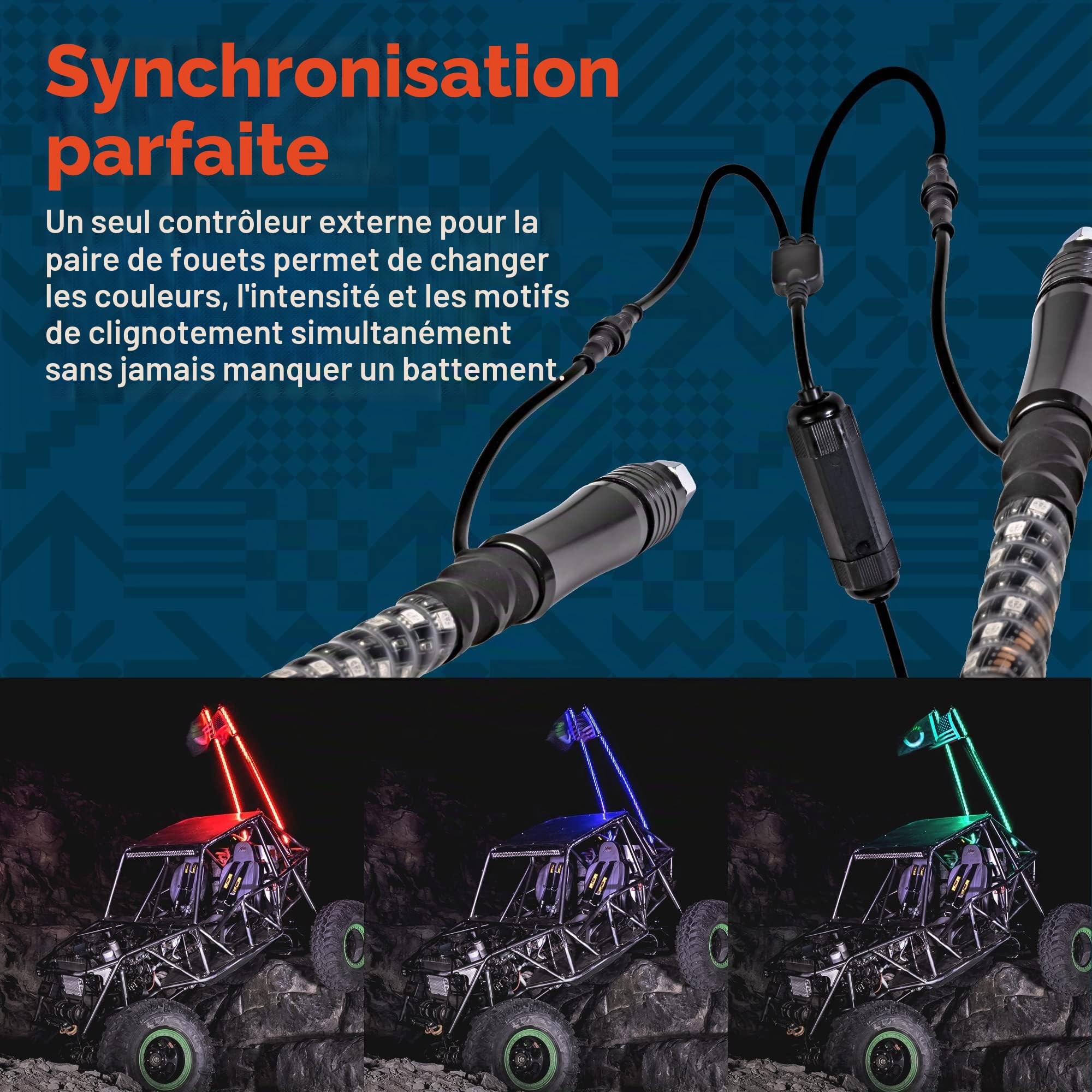 True Mods Lot de 2 fouets Lumineux à LED RVB pour VUTT ATV [télécommande sans Fil RF] Drapeau étanche avec éclairage LED pour RZR Can-Am Polaris SxS 4x4 Quad Dune Buggy 4 Roues Accessoires | Bâton d'antenne CB étanche et éclairé pour RZR Can-Am Polaris Sx