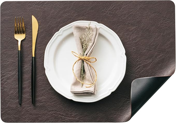 Placemats Set of 8, DOLOPL Reversible Dual-Color Faux Leather Place Mats 17"x11.8"– Waterproof, Heat Resistant, Washable & Wipeable, Luxury Retro Style for Kitchen, Dining Table (Dark Brown & Black