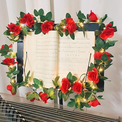Miniatura 2 de Guirnalda de luces artificiales de vid de rosas de 7.5 pies, funciona con pilas, guirnalda de flores de rosas para San Valentín, boda, dormitorio,