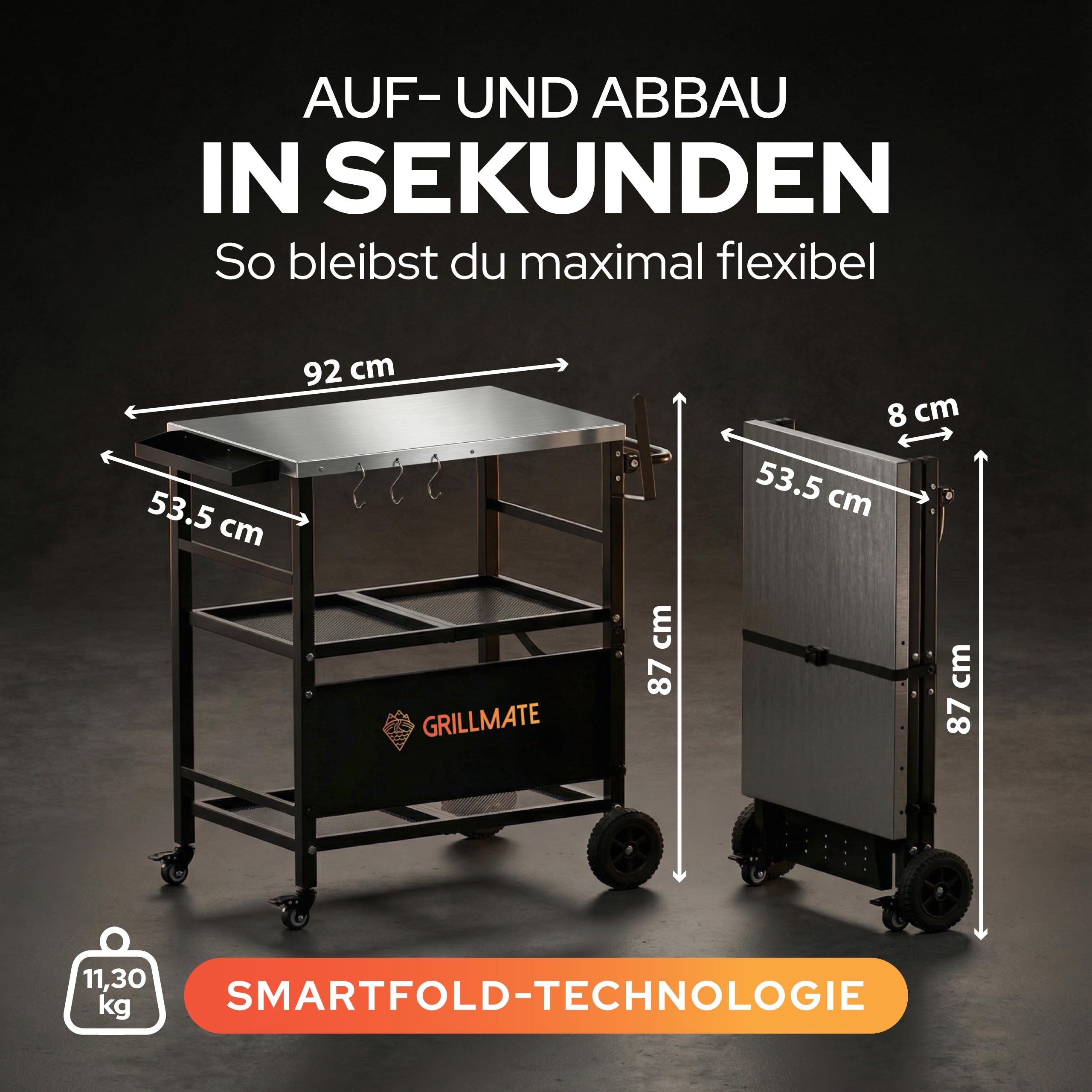 GRILLMATE Grilltisch Outdoor Wetterfest Klappbar | Grillwagen, Servierwagen, Tisch für Weber Grill, Gasgrill, Pizzaofen | Beistelltisch für Balkon Rostresistent, Portabel | JETZT NEU (Edelstahl)
