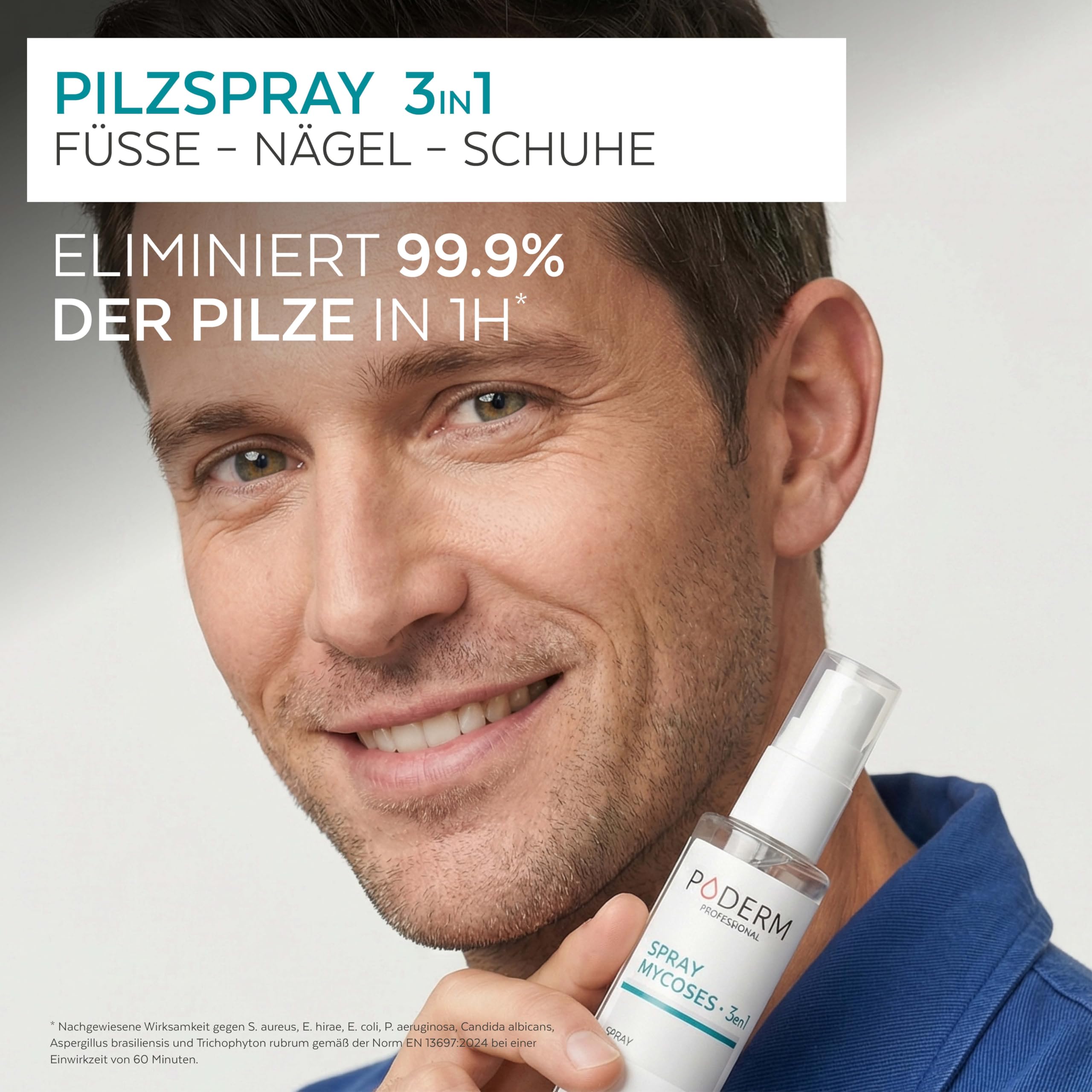 PODERM 3-in-1 Pilzspray für Nägel, Füße & Schuhe | 99,9% der Fußpilzsporen & Bakterien in 1 Stunde zu eliminieren | Teebaum, Zink & Minze | Swiss Made | Entwickelt von einem Podologen
