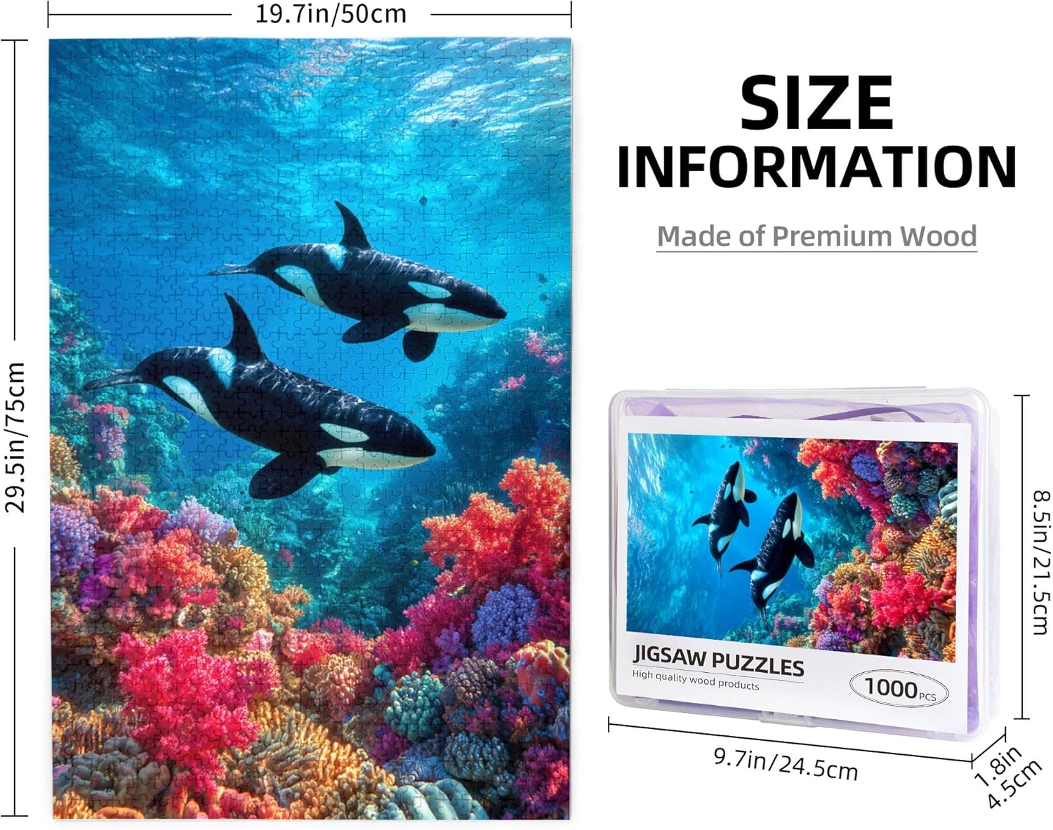 1000 Piece Wooden Puzzle for Adults – Orca Whale and Coral Reef Jigsaw Puzzle for Relaxing Home Decor and Gift，Ocean Life， Aquatic Animals， Sea Creature