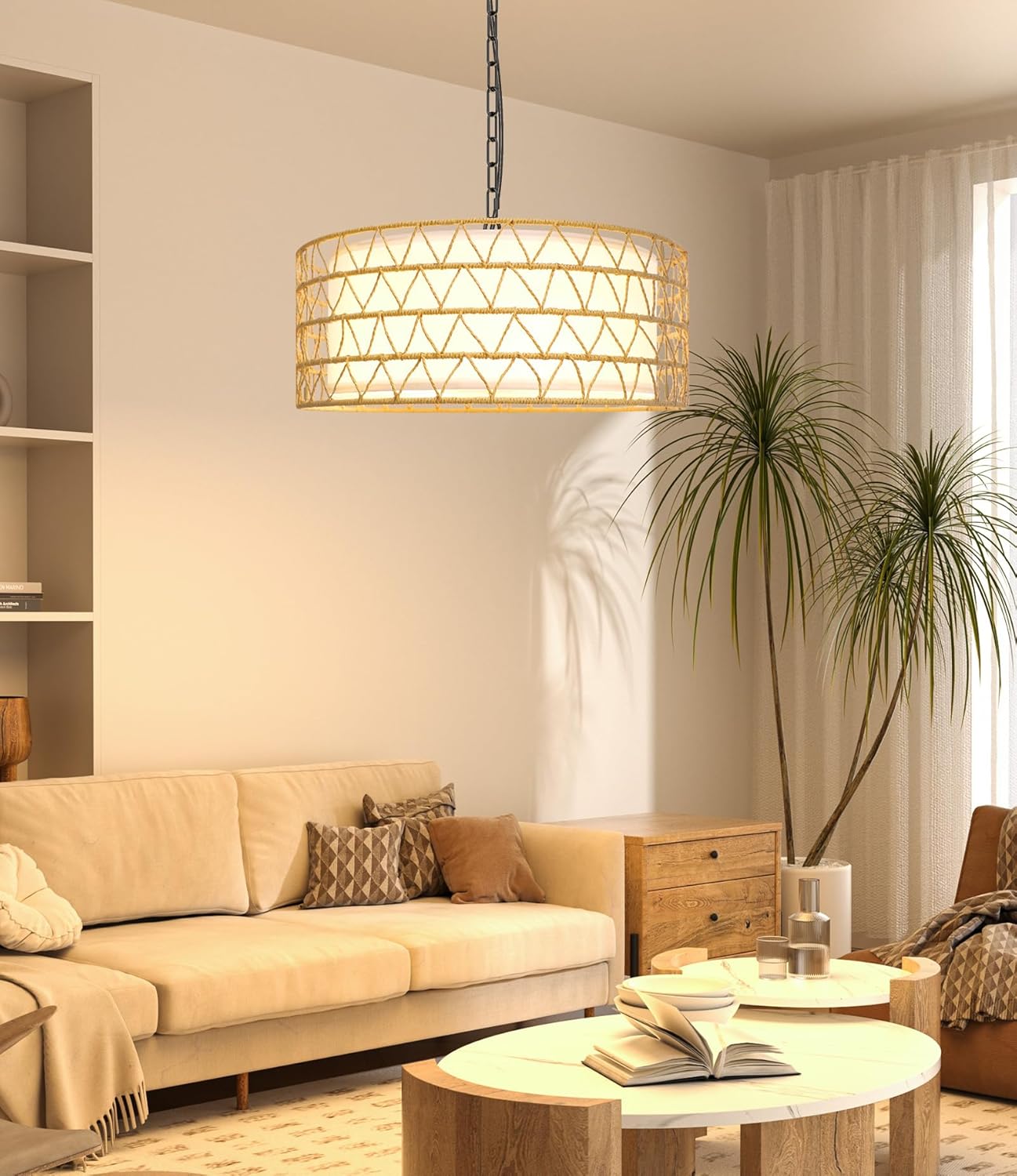 20" Rattan Chandelier Farmhouse Light Fixtures, 5-Light Boho Chandeliers for Dining Room, Fabric Lamp Shade for Living Room, Bedroom, Hallway Rattan Pendant Light Fixture, E26