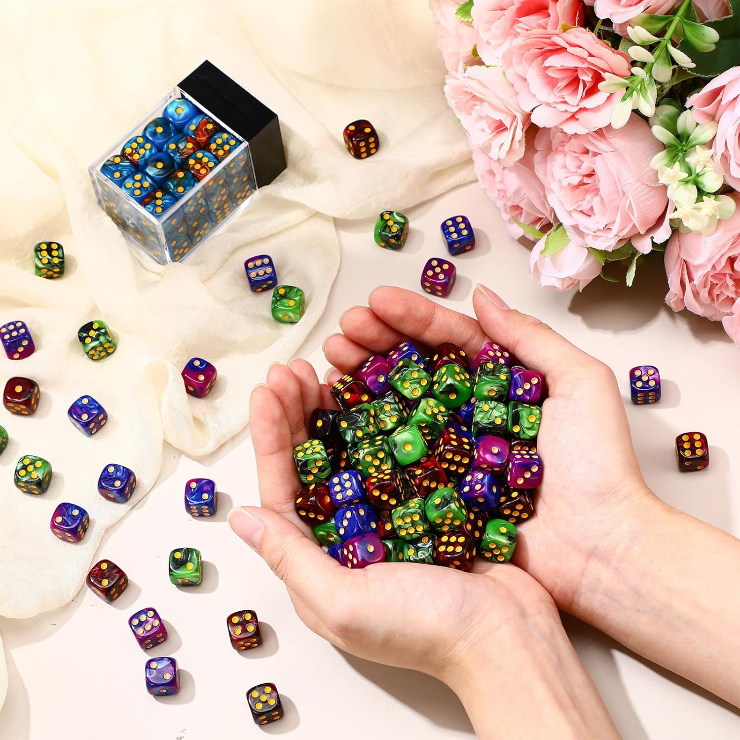 Foilswirl 144 Pcs 12mm 6 Sided Mini Dice Set for School Classroom Table Games D6 Game Standard Dice with Portable Plastic Box for Teaching Math Learning (Retro Color)