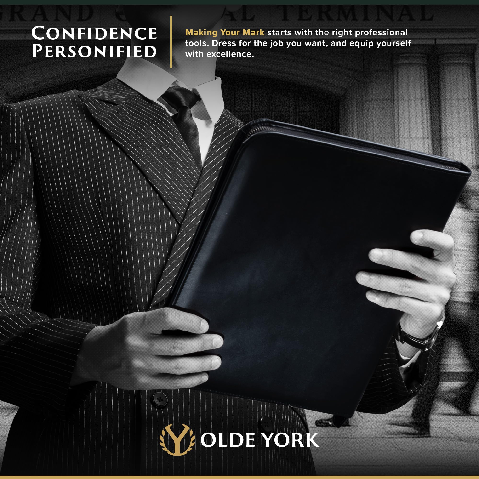 OLDE YORK Portafolio de cuero — Portafolio de cuero para hombres, padfolio para hombre — 100% cuero auténtico de grano superior [cuero negro]