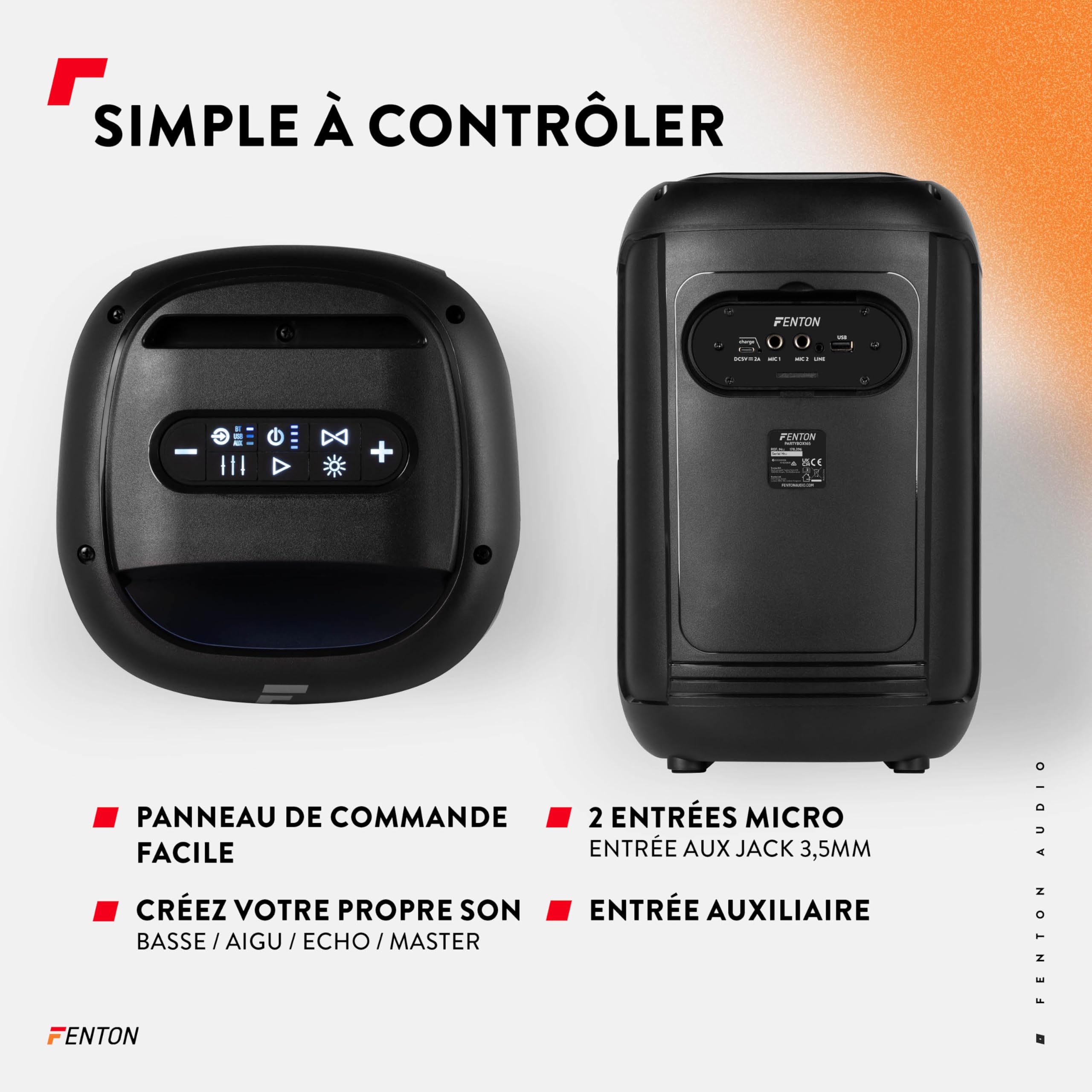 Fenton Track165 Enceinte Portable Bluetooth Lumineuse, 120W, Batterie Longue Autonomie 10H, Facile à Transporter, Enceinte Karaoké, Idéale pour Toutes Vos Soirées
