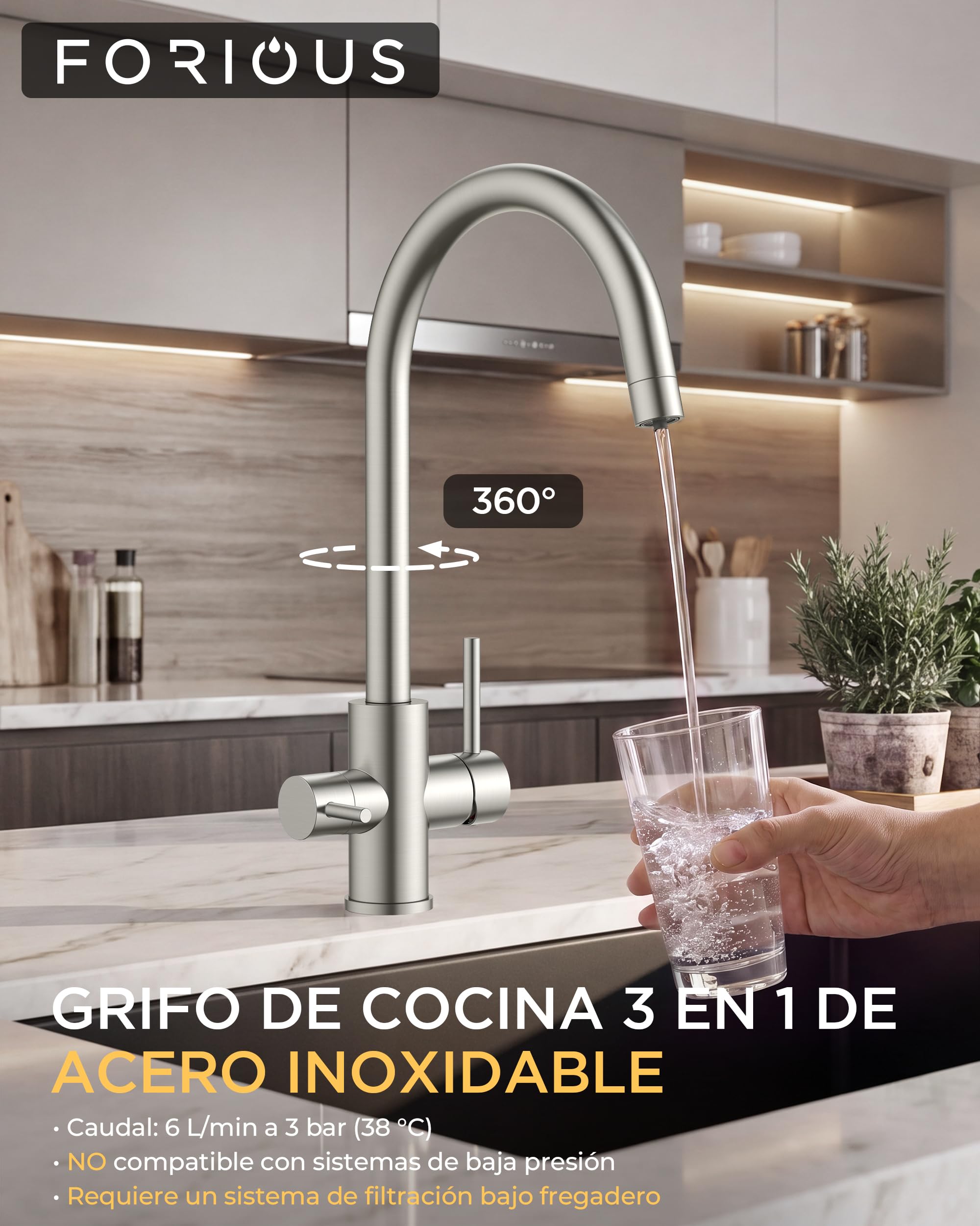 FORIOUS Grifo Cocina 3 Vías, Grifo Monomando Cocina de Acero Inoxidable, Grifo Fregadero Cocina con Doble Maneta y Giro 360°
