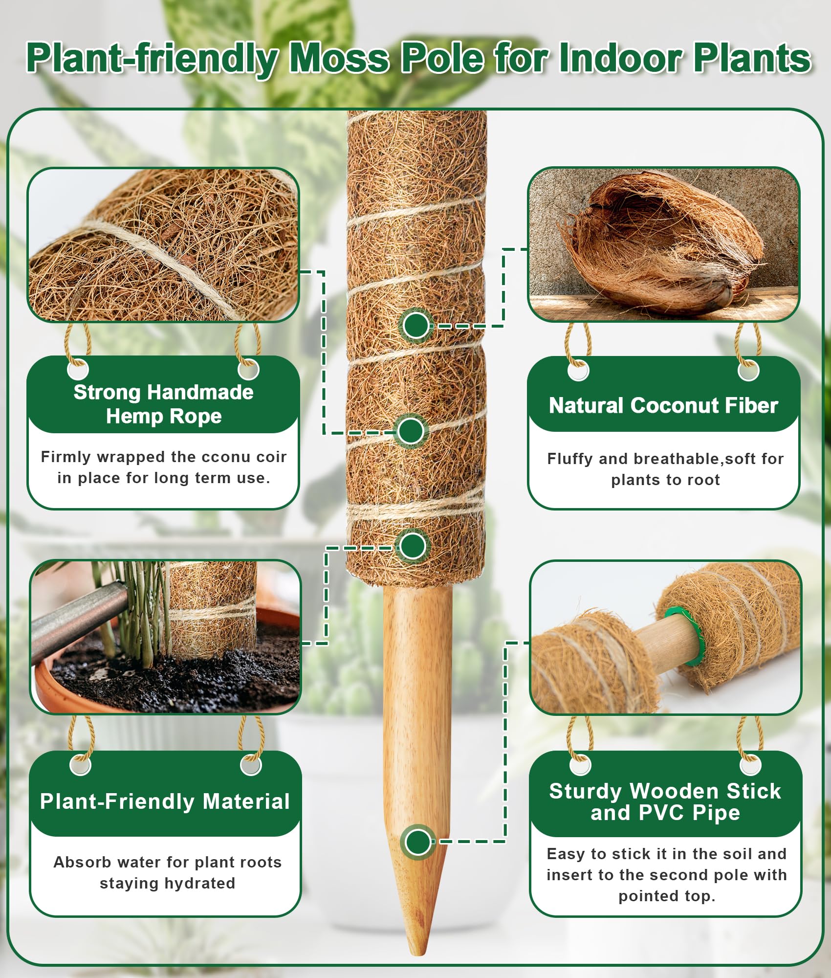 EAONE 6 Pièces Tuteur Coco Empilables Bâton de Mousse de Coco avec 12 Étiquettes pour Plantes et 100 Attaches Fibre de Coco Bâton Support Tuteurs pour Monstera Creepers Plantes Grimpantes(40cm)