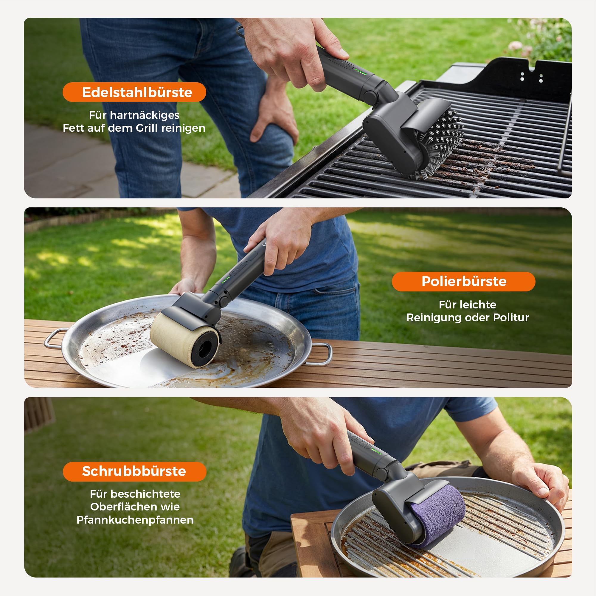 Leebein Elektrische Grillbürste für BBQ, 2026 Elektrische Reinigungsbürste 3-Gang & Verstellbare Winkel mit 3 Austauschbaren Köpfen, 150 Min Laufzeit, Wasserdicht und Hitzebeständig für Grillroste
