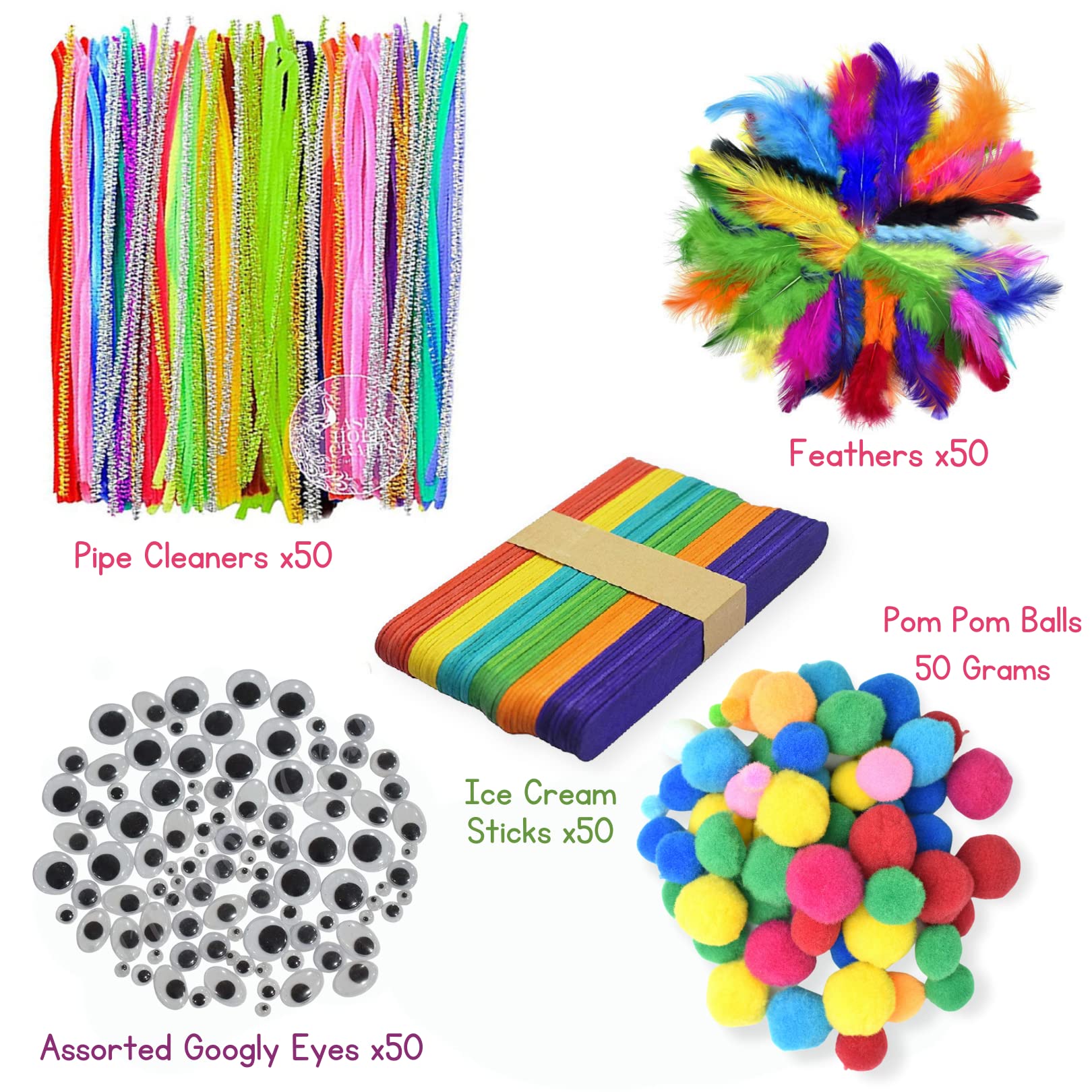Asian Hobby Crafts Kids Pom Pom Crafts Kit with 250+ Craft Materials/Pipe Cleaners, Googly Eyes, Pompom Balls, Ice Cream Sticks, Color Feathers, Creative Supplies for DIY Art & Crafts Projects