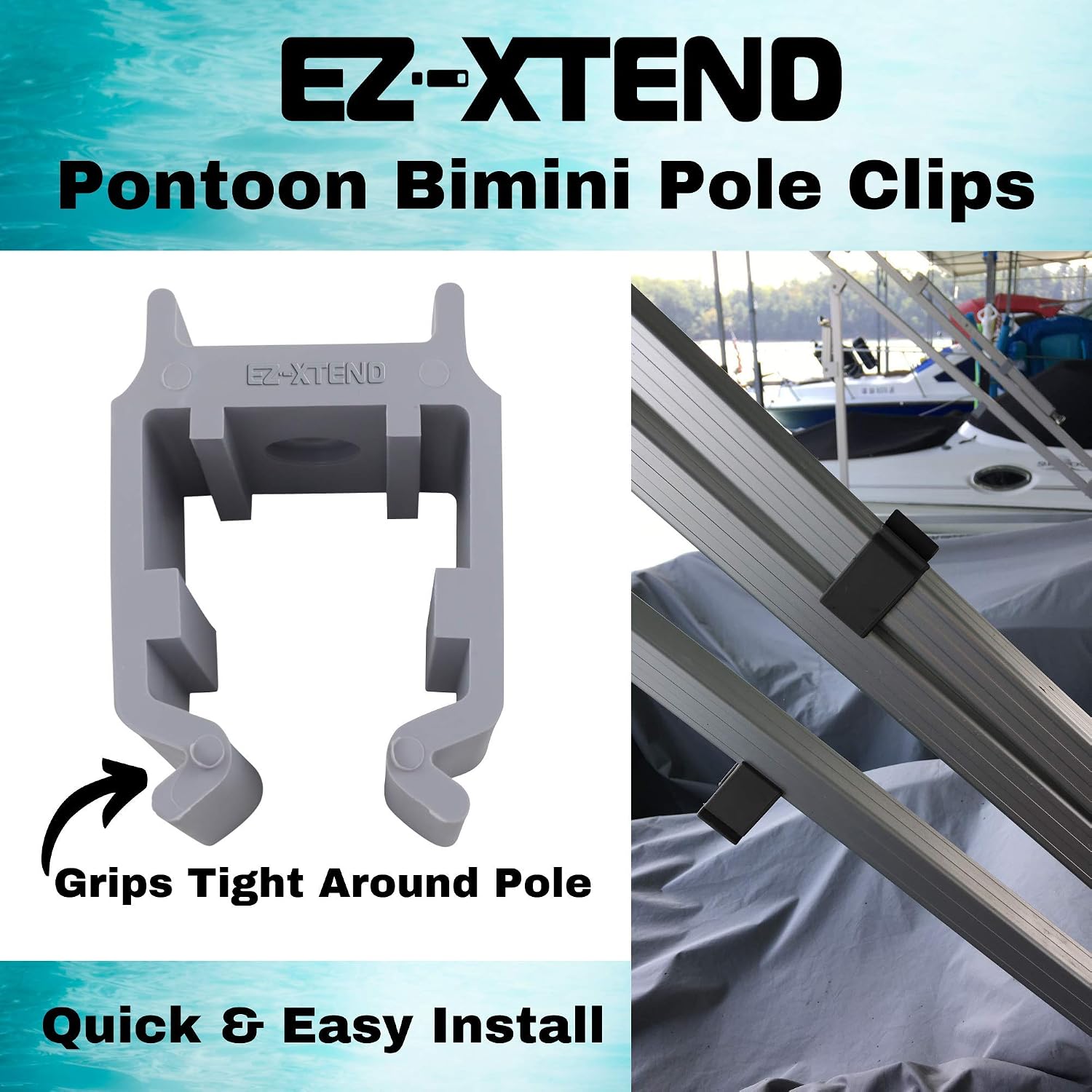 EZ-Xtend Pontoon Bimini Top Clips for Square Frames. Secures Your Pontoon Support Poles to Frame. Available in 3 Sizes, Black and Gray, Marine Grade, Made in USA. Sold in Pairs.