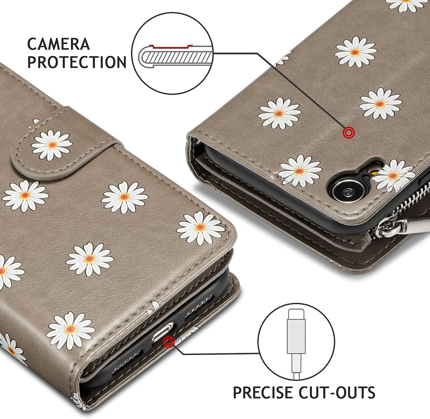 UEEBAI Wallet Case for iPhone XR, Premium Vintage PU Leather Magnetic Closure Handbag Zipper Pocket Cover Kickstand Card Holder Slots with Wrist Strap TPU Shockproof Flip Case - Daisy Grey