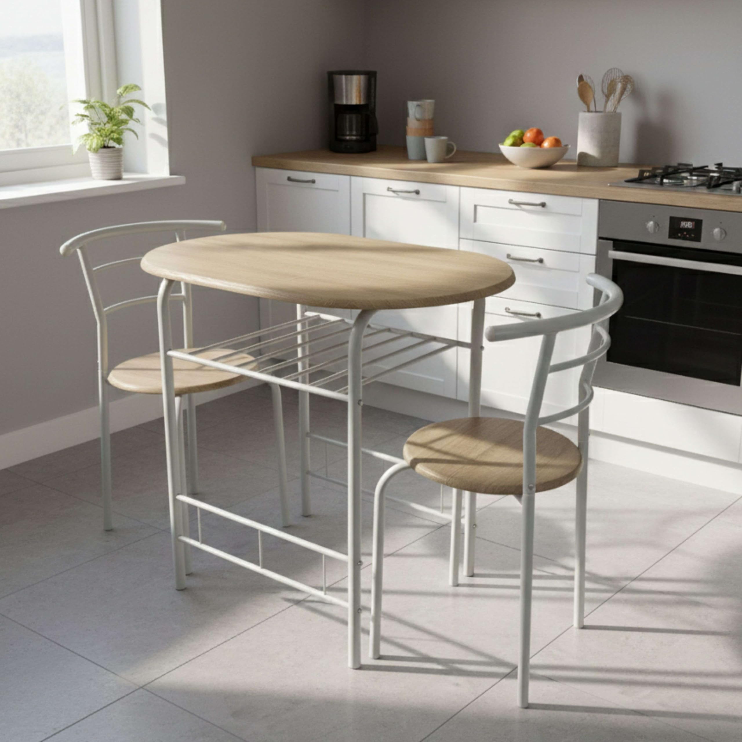 Miroytengo Juego de Mesa y 2 Sillas Cocina Butterfly Fija, Mesa Fija, Melamina Color Blanco y Roble Sonoma