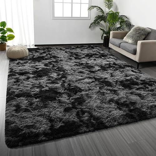 Deerhoo Shag Area Rug, 4 X 6 Tie-Dyed Plush Fuzzy Rugs for Living Room, Ultra Soft Fluffy Furry Rugs for Bedroom, Anti-Skid Indoor Carpet Nursery Rugs for Kids Room Home Decor, Dark Grey