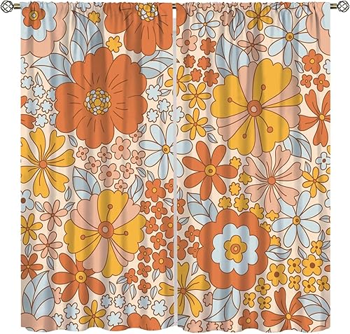 Miniatura 21 de Cortina hippie de mediados de siglo, flores con aspecto de margaritas en estilo abstracto, ondas, retro, años 60, 70, patrón impreso, cortinas