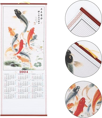Miniatura 9 de Amosfun Calendario del año del dragón Calendario chino de pergamino de pared 9 Koi Fish Painting Scroll Colgante Anual Imitación Ratán Calendario