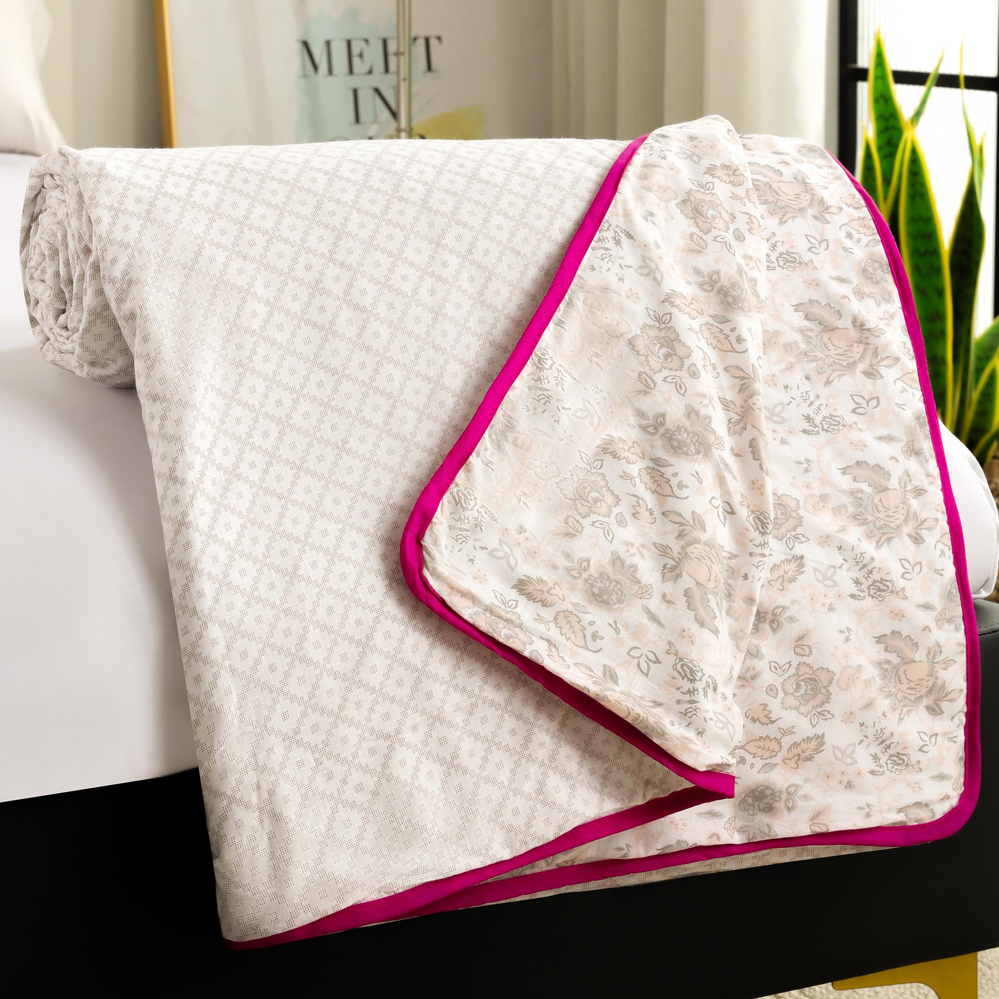 Story@Home Dohar Double Bed Cotton 100% | Blanket 150GSM Quilt | 225 x240 cm Reversible and Cozy AC Blanket for Summer | White & Baby Pink | Geometric Design Duvet | All-Season Blanket