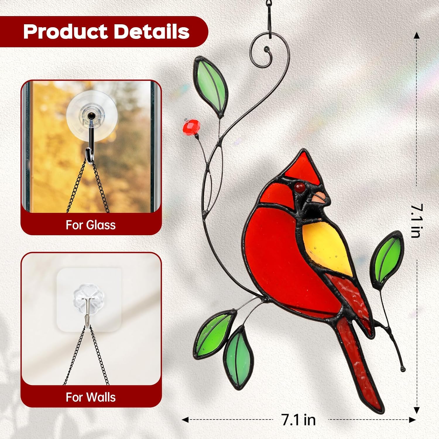 Cardinal Stained Glass Window Hanging for Women's Day Gift, IDEA SHOW Red Cardinal Suncatcher, Real Glass Window Hanging Ornament, Handmade Bird Home Decor Memorial Gift for Women, Mom, Bird Lover - Image 3