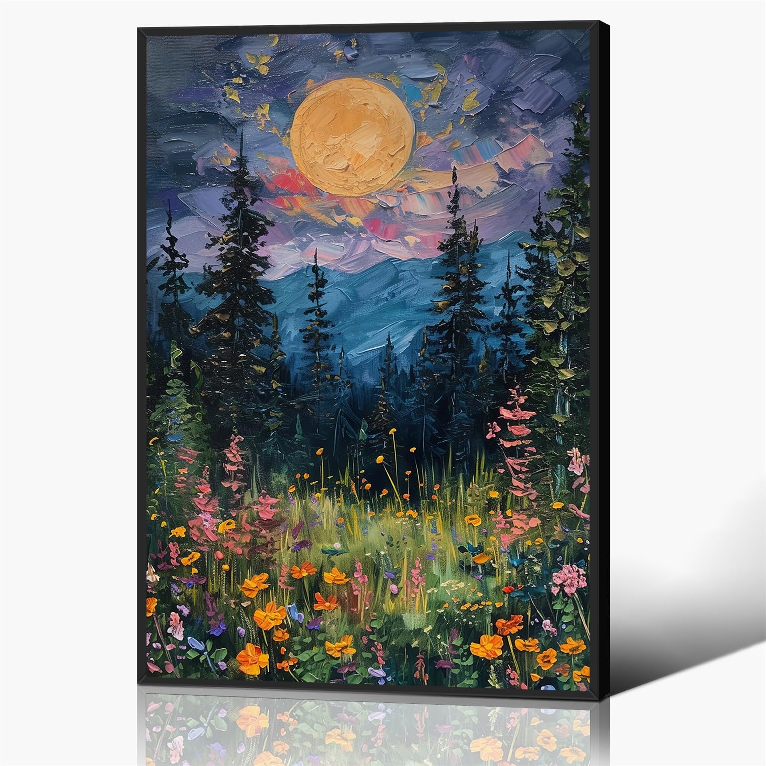 Anslipswar Vintage Full Moon Above The Wildflowers Canvas Wall Art, Mystical Midnight Woodland Art Print Poster, Retro Flowers and Trees Nature Oil Painting, Dark Forest Landscape 16x24in Framed