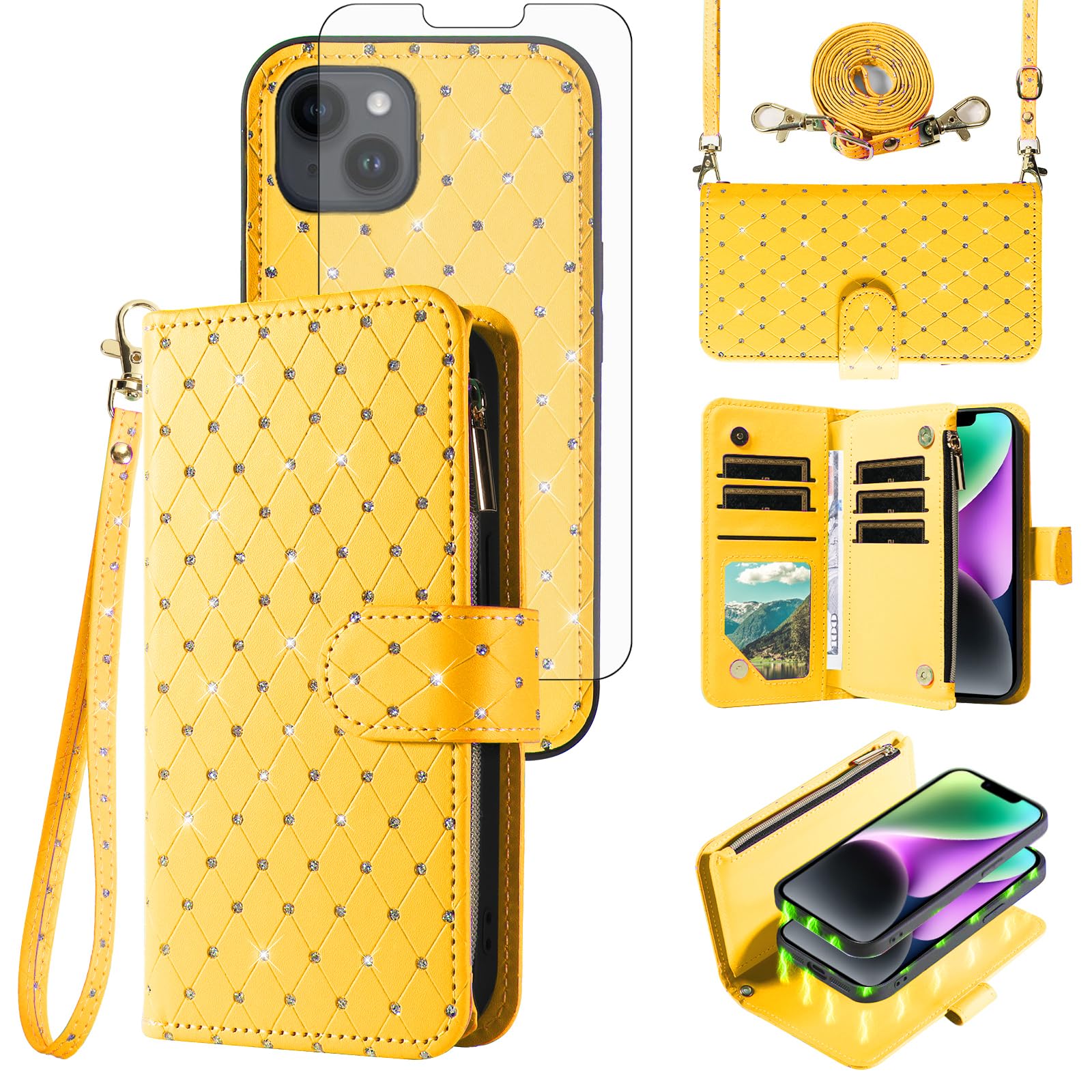 Étui portefeuille iPhone 14 Plus avec fermeture éclair et protège-écran pailleté - 8