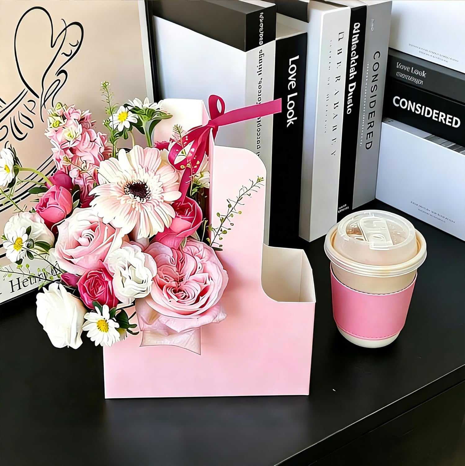 100 Pack Pink 2 Cup Drink Carrier with Handle, Disposable Cardboard Coffee Cup Holder for Hot or Cold Drinks, Coffee Carrier with Ribbon & Card for Food Delivery, Takeout and Bouquet Arrangement