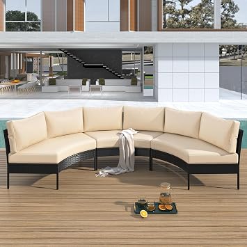 Outdoor Patio Furniture Set, 3 Piece Curved Outdoor Conversation Set, All Weather Sectional Sofa with Cushions for Bistro Garden Backyard Lawn Poolside, Black Wicker+Beige Cushions