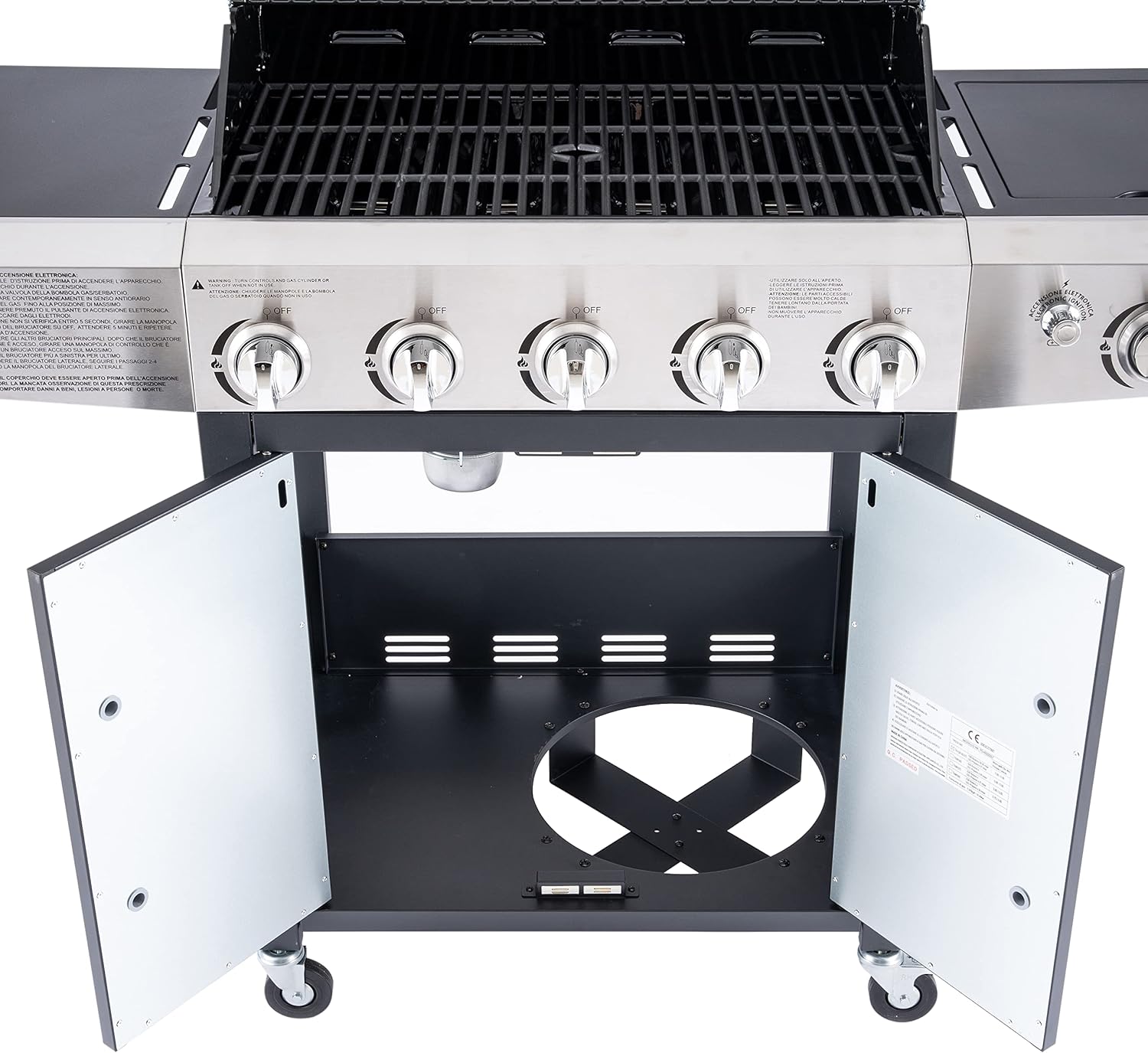 Arsard Barbecue a Gas Professionale XXL Con 6 Fuochi Multifunzione Da 19 KW, Completo Di Bruciatore Laterale, Coperchio, Termometro, Griglia In Ghisa, Ruote E Struttura In Acciaio Inox Arsard Barbecue a Gas Professionale XXL Con 6 Fuochi Multifunzione Da 19 KW, Completo Di Bruciatore Laterale, Coperchio, Termometro, Griglia In Ghisa, Ruote E Struttura In Acciaio Inox