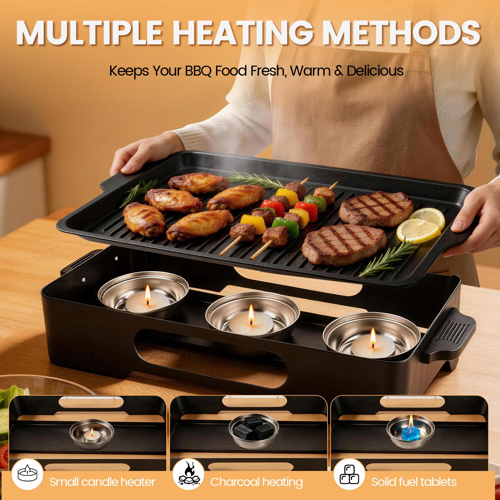 BBQ Warmhalteplatte Grillgut,Warmhalteplatte fürs Grillen & Essen,Warmhaltebehälter Grillgut Mit Antihaftbeschichtung & Holzkohleschale,Camping Grill Zubehör für Outdoor Grill & Garten