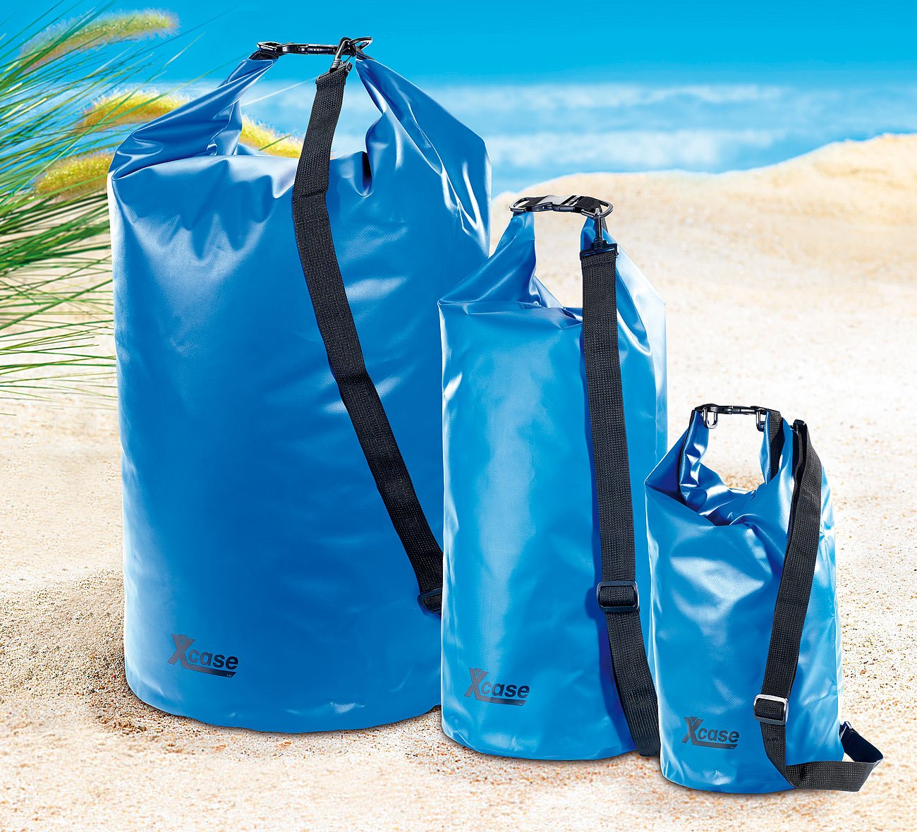 Xcase Rucksack wasserdicht: Urlauber-Set wasserdichte Packsäcke 16/25/70 Liter, blau (Wasserdichter Packsack-Rucksack, Trockentaschen, Reisetasche)