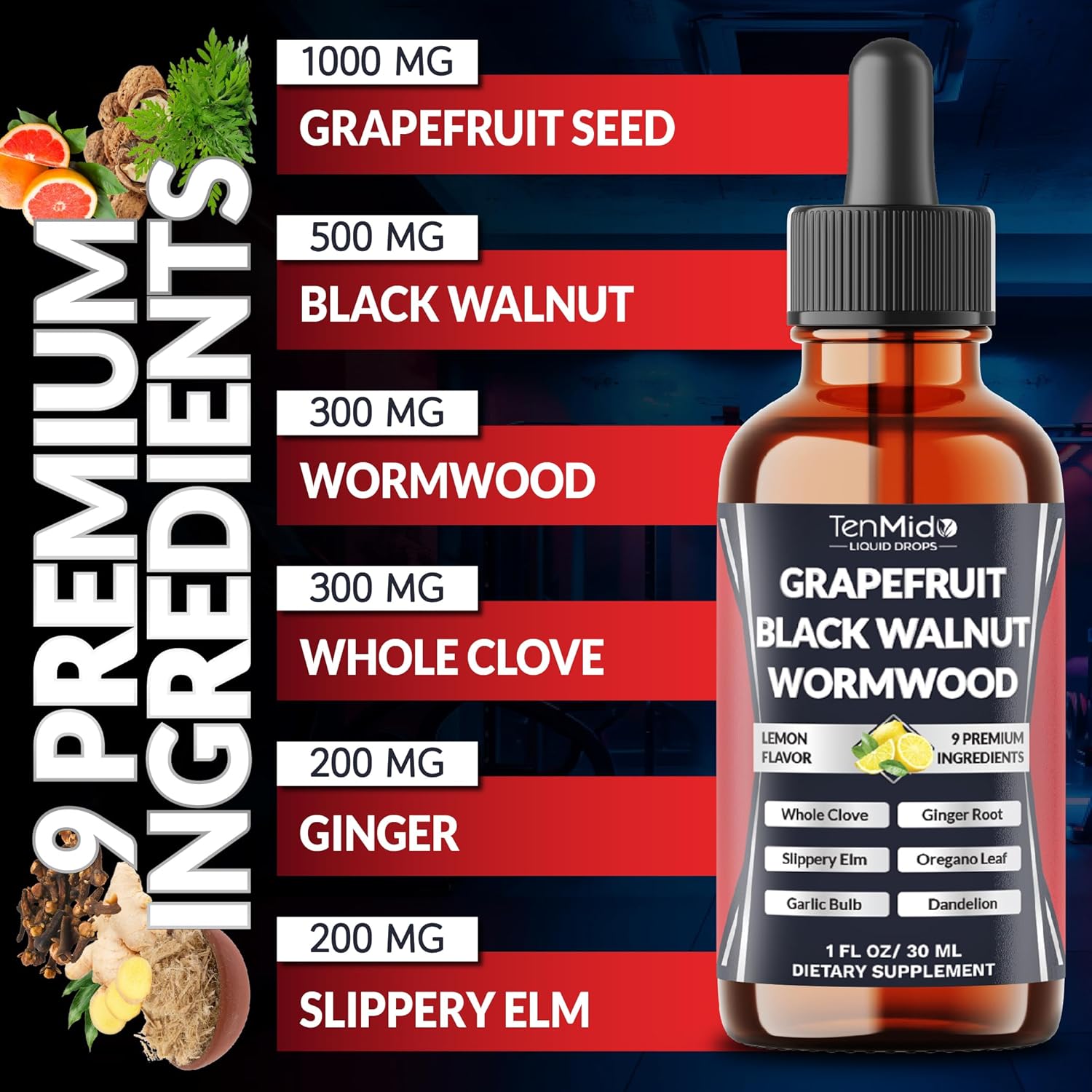 9in1 Grapefruit Seed Extract Liquid Supplements with Black Walnut, Wormwood, Whole Clove, Ginger, Slippery Elm, Oregano, Garlic, and Dandelion - 30ml 1 Fl Oz - Image 3
