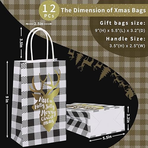 Miniatura 2 de ECOHOLA Bolsas de regalo de Navidad de búfalo blanco y negro, 12 piezas de bolsas de Navidad a cuadros con asas, bolsas de regalos para celebración