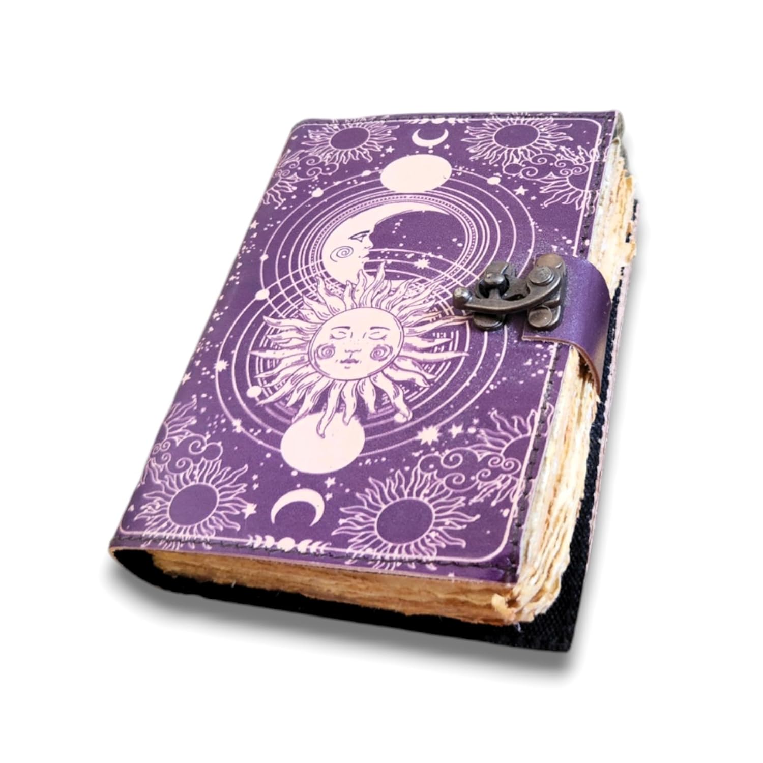 Finun-Lthr Personalized Gift Sun Moon Leather Journal Sketchbook with Vintage 200 deckle edge Handmade Paper and C-Lock closure (Purple, 8 * 6inch)