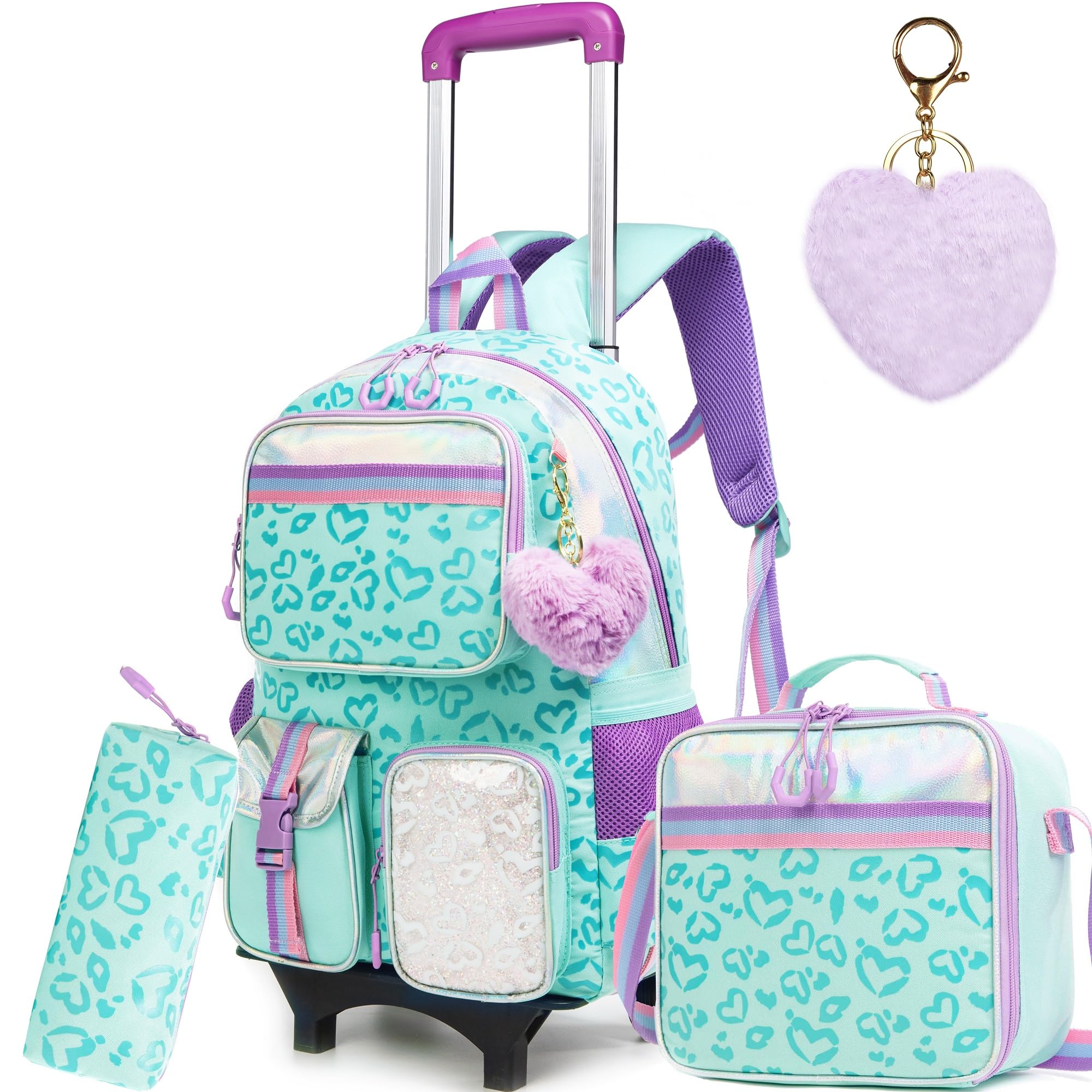 Meetbelify Girls Rolling Backpack with Wheels - Cute Kawaii Carry On Backpack for Elementary Students - Lunch Box Included - Travel Suitcase for Girls