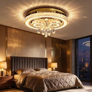 HAIXIANG Modern Chandeliers Bedroom LED Light Crystal Flush Mount Ceiling Lights for Dining Room Gold Chandelier Sparkling Interior Luxury Lighting Fixtures Living Room Dimmable Light 2700K 6000K