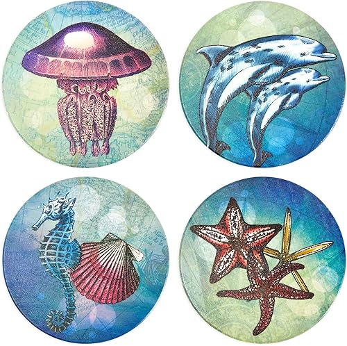 Miniatura 7 de Okuna Outpost Juego de 8 posavasos de mesa de cerámica con diseño de animales oceánicos para bebidas con soporte y base de corcho (4 pulgadas)