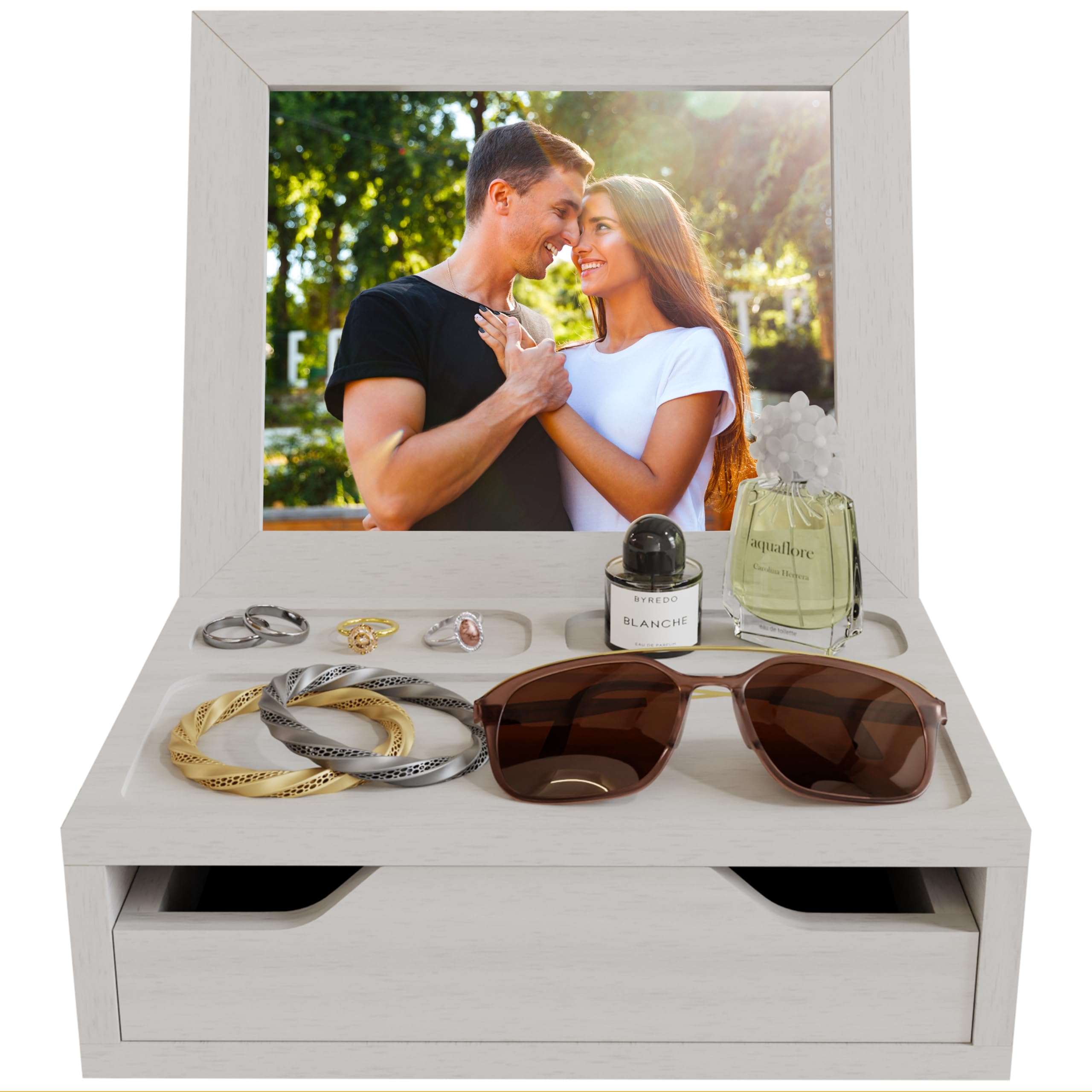 EcoLeafy DotWood Photo Framebox - Best Birthday Gift For Girlfriend, Woman, Daughter, Mom or Wife - Wooden Photo Box for Sunglasses, Keepsakes, Watches, Bracelet, Accessories (White)