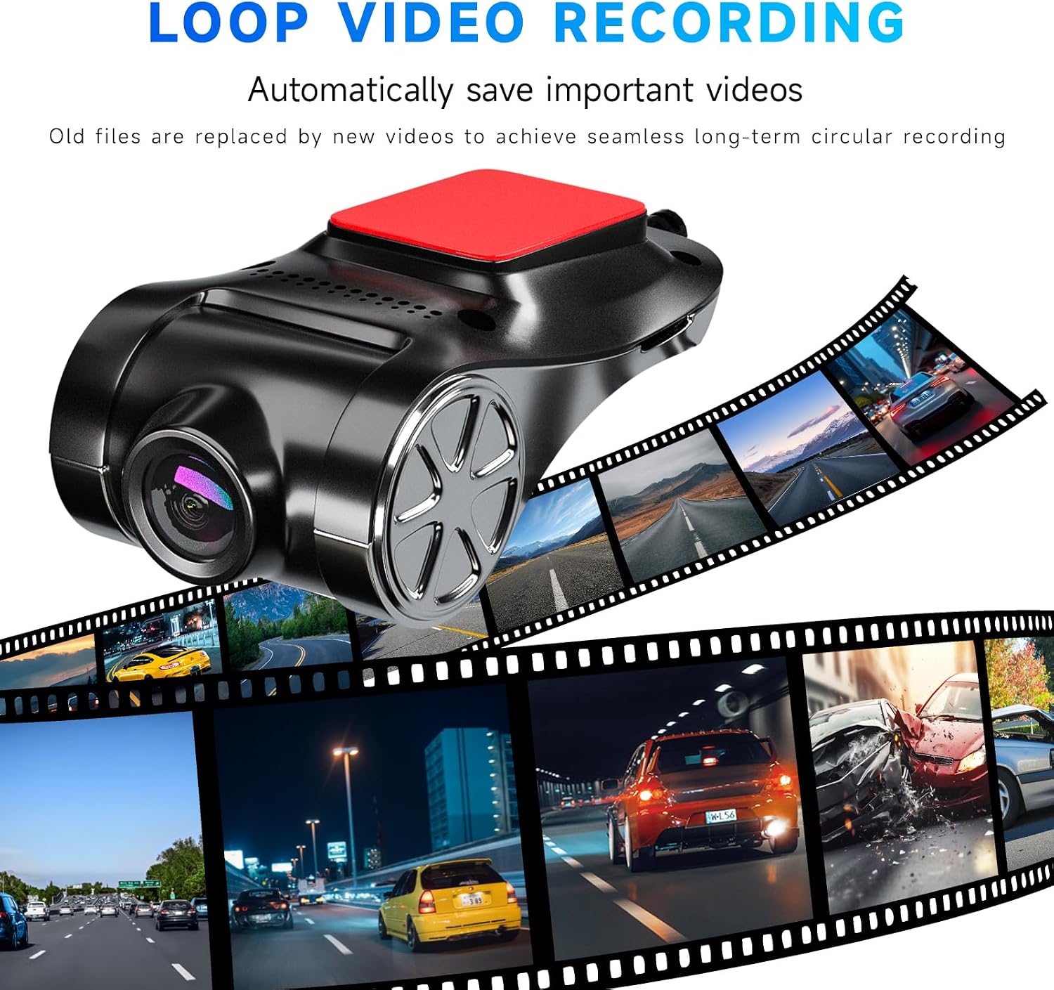 Car Camera USB Recorder, Loop Recording ADAS, Wind Screen Dash Cam, with SD Memory Card, for Android Radio Stereo GPS. (BLACK-64GB)