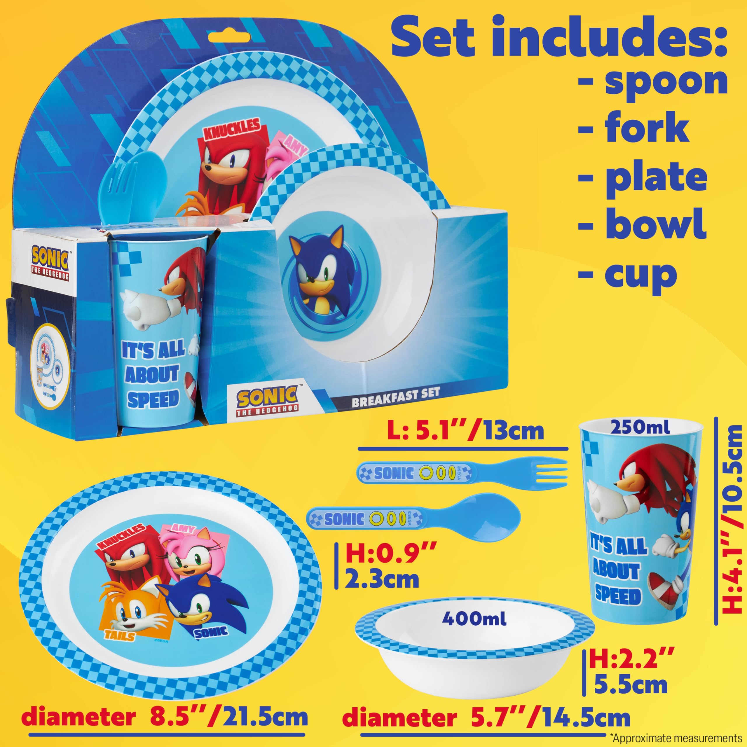 Get Trend SONIC THE HEDGEHOG Set Stoviglie Bambini, Posate Set 5 Pz Riutilizzabile, Piatti Plastica Ciotola Tazza Cucchiaio Forchetta, BPA Gratuita (Blu Sonic The Hedgehog)