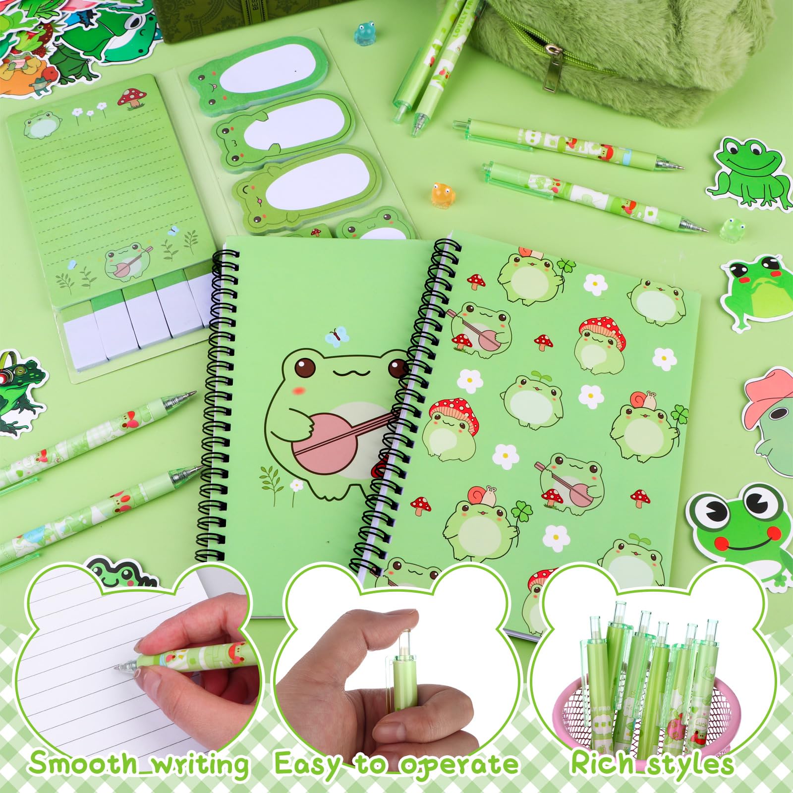 70 Pcs Frog Stationery Set Frog Pencil Pouch Frog Pens Cartoon Frog Stickers Notebooks Sticky Notes Stickers Index Tags Frog Party Favours Back to School Gift for Kids Frog Lovers Student Teacher - Image 4