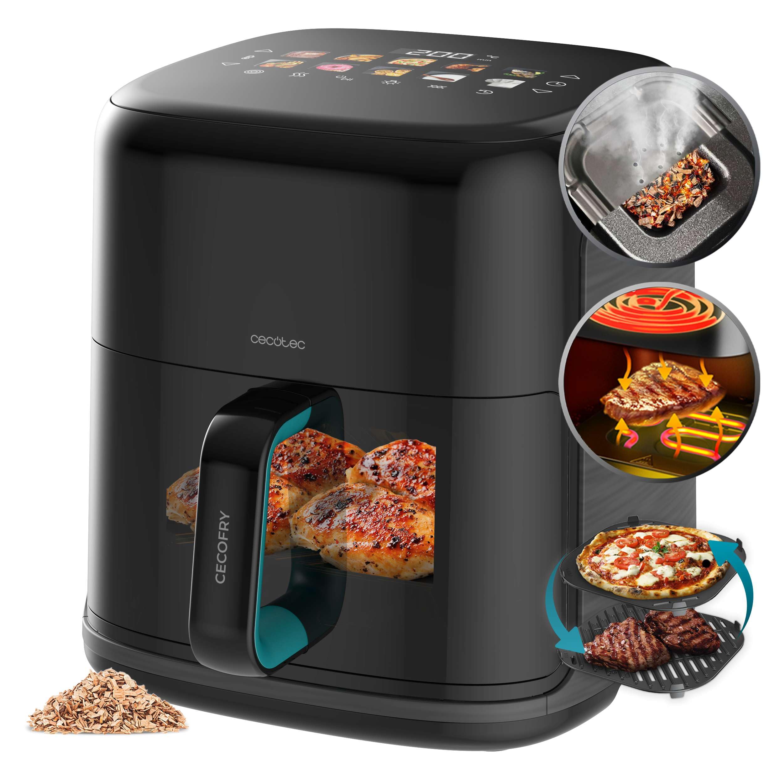 Cecotec Freidora de Aire 6,5L Ahumador Cecofry&Grill Smokin'Prime 6500 Heat | 2200W, Air Fryer, Grill y Plancha, Doble Resistencia, Ventana de Visualización, 10 Menús, Temperatura Regulable, Panel Táctil