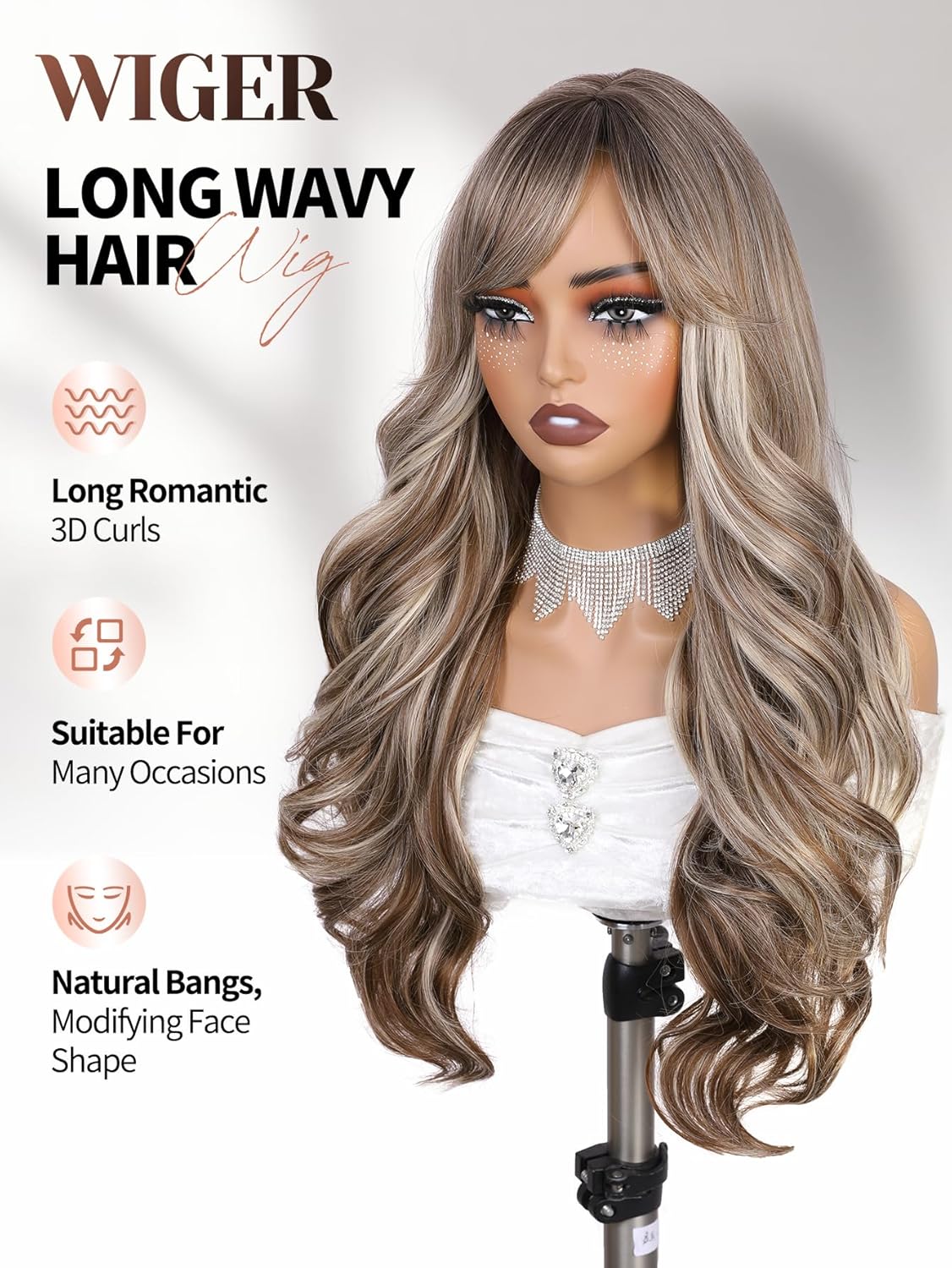 WIGER Long Brown Mixed Blonde Curly Wig With Bangs, Ombre Brown Highlight Blonde Synthetic Wigs, Layered Romantic Wavy Hair for Women Daily Party Use