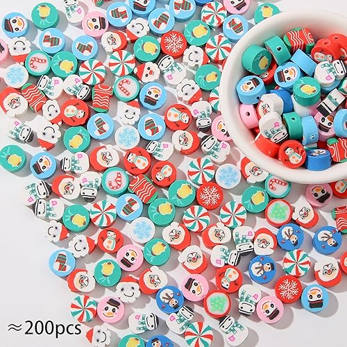 Miniatura 2 de BERMRO 200 cuentas de arcilla polimérica navideña, muñeco de nieve de Navidad, Heishi, cuentas espaciadoras para manualidades, pulseras, aretes,