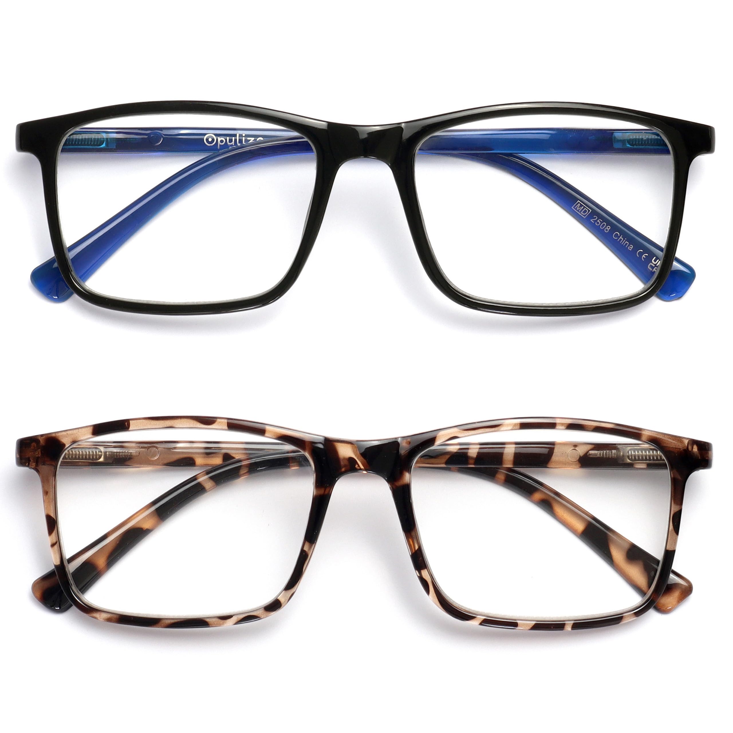 OPULIZE INK Reading Glasses for Women Men, Large Rectangular Frame with Spring Hinges & Scratch Resistant, Black Brown Tortoiseshell, +3.5(Pack of 2)