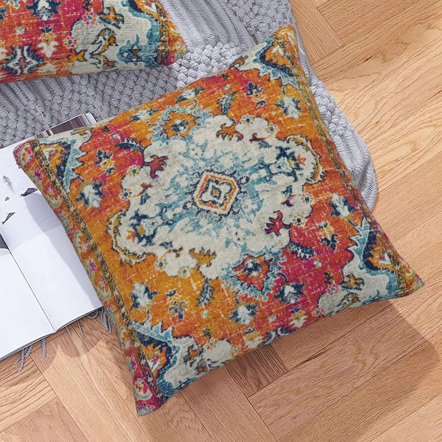Vintage Boho Pillow Covers 18X18 Inch Set of 2 Antique Ethnic Orange Teal Carpet Pattern Throw Pillow Covers Bohemian Decorative Pillow Case Linen Cushion Cover for Home Couch Sofa Outdoor image 4