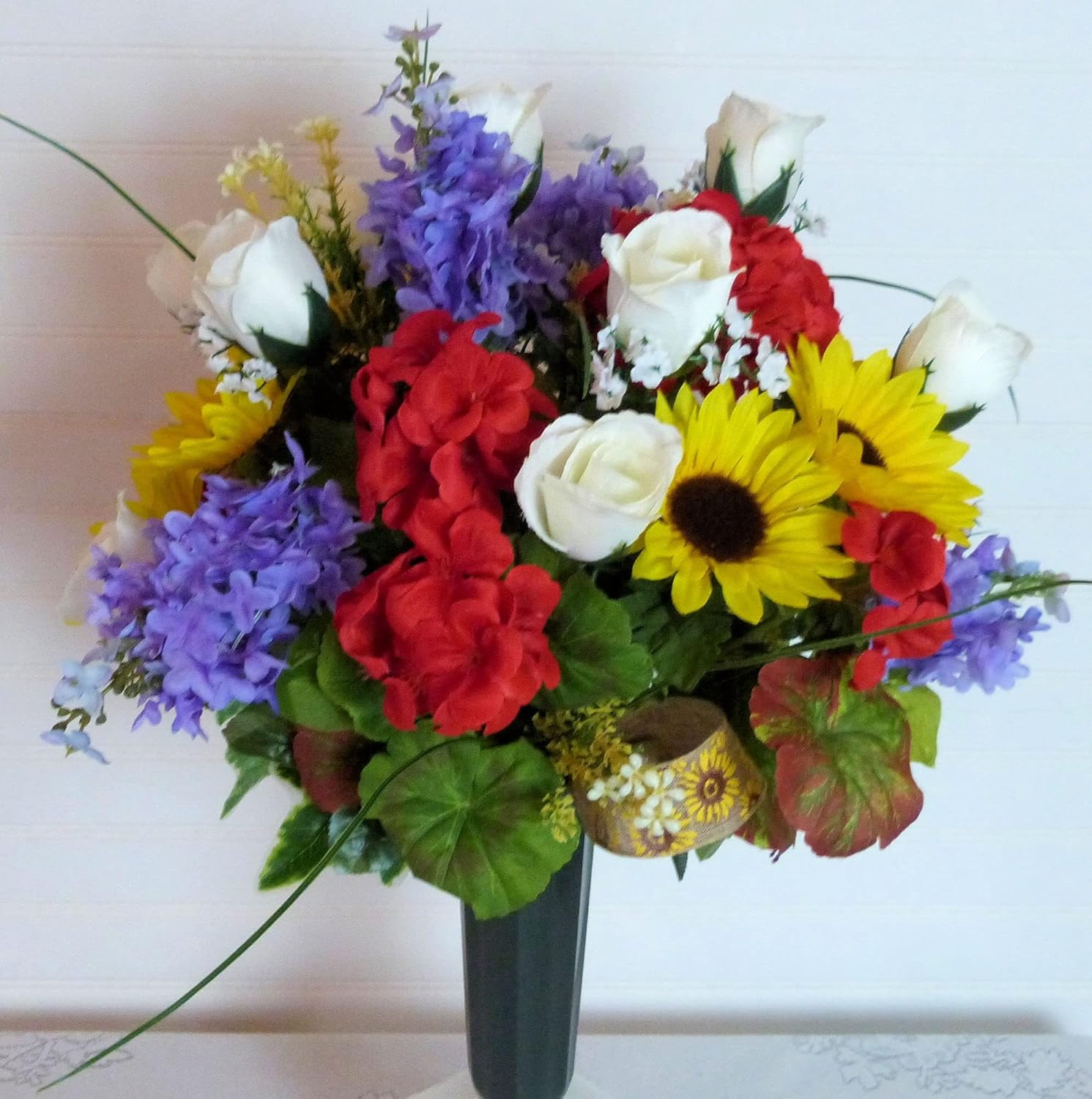 Silk Florals & Frills Cemetery Flowers with Red Geraniums, Cemetery Arrangement with Purple Lilacs, Summer Cemetery Vase Red Yellow 19 x 15 inches