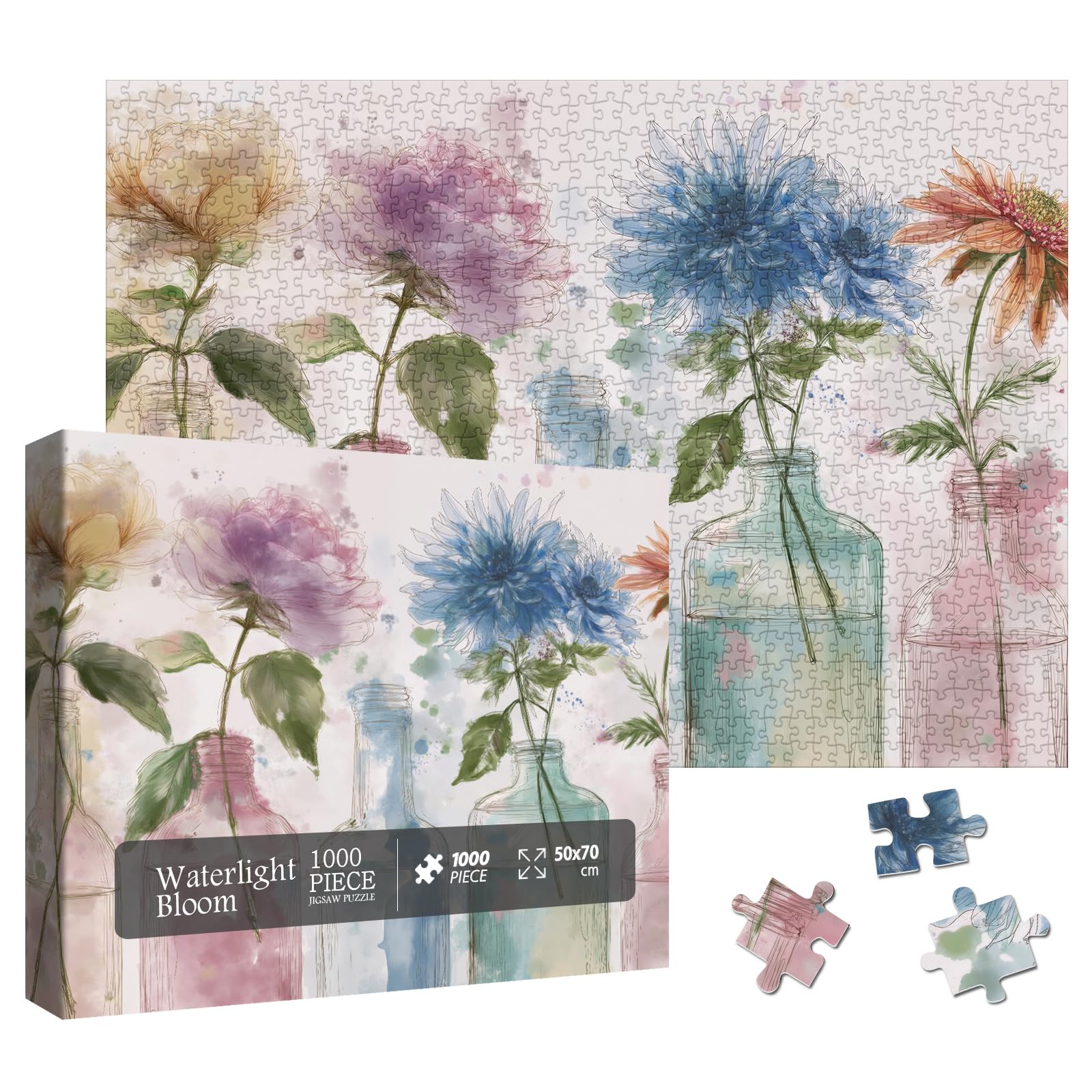 Pretty Flower Bottle Puzzles for Adults 1000 Pieces, Fantasy Wildflower Art Jigsaw Puzzle, Challenging Watercolor Plant Puzzles