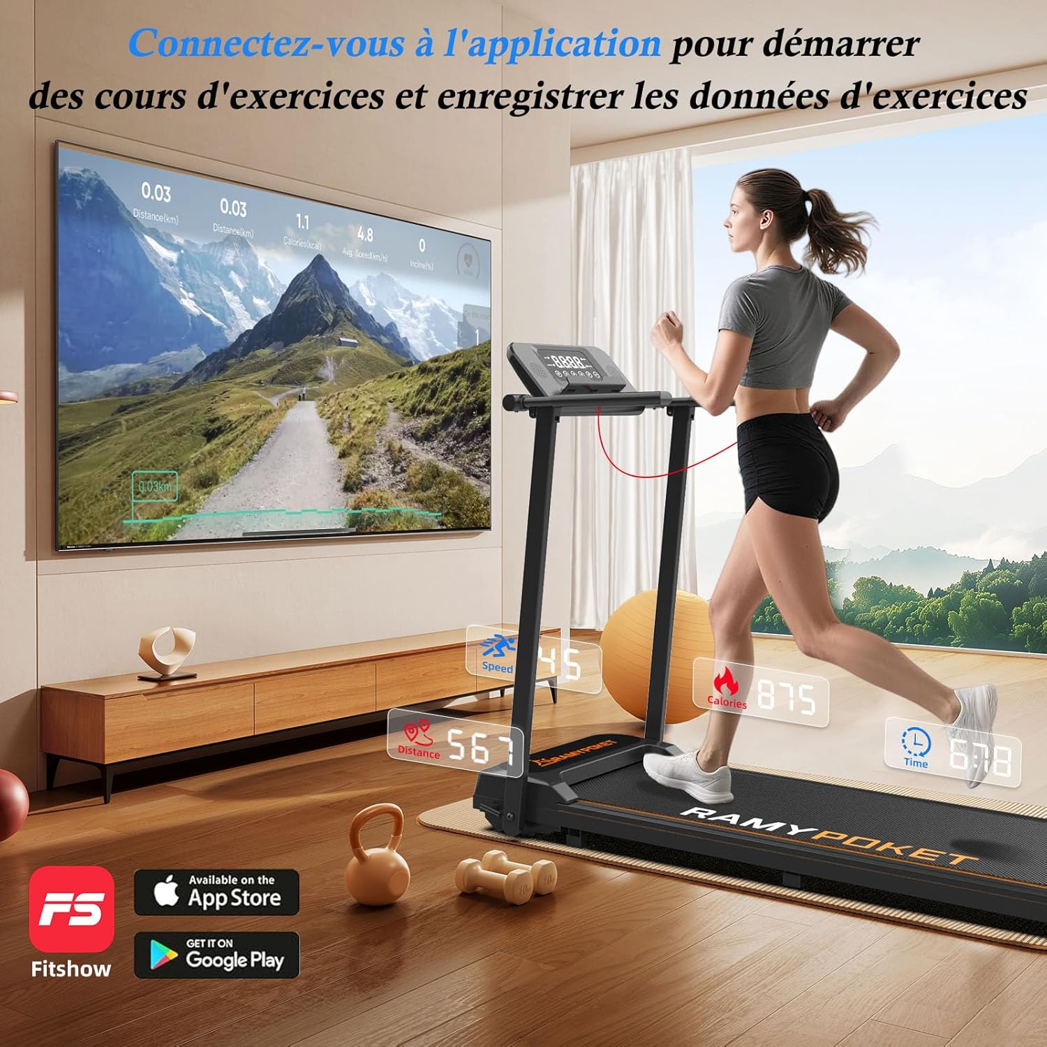 Treadmill connected to a fitness app on a large screen
