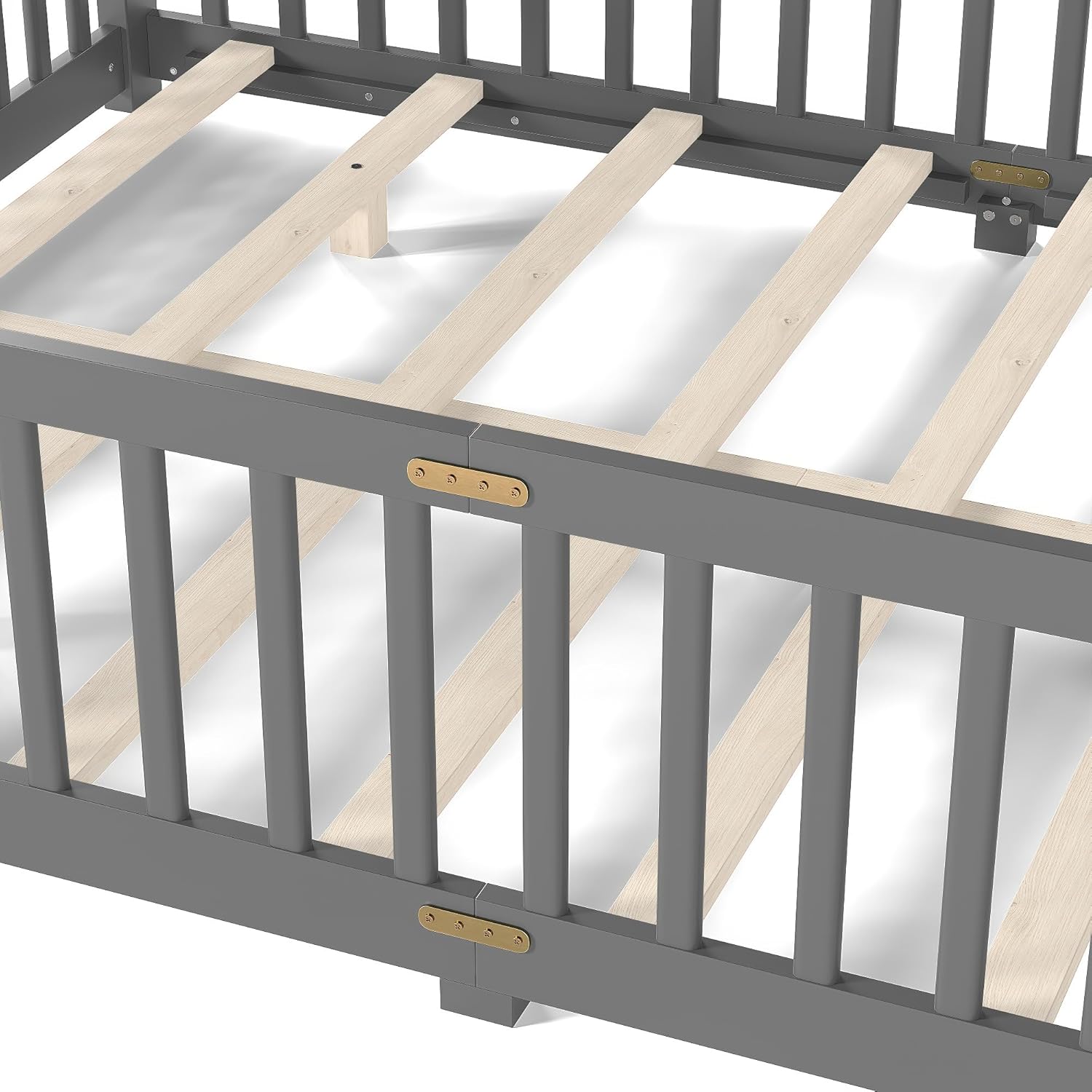 Bellemave Queen Floor Bed Frame with Rails and Door, Solid Wood Montessori Queen Size Floor Bed, Low Profile Montessori Beds with Removable Slats, Grey