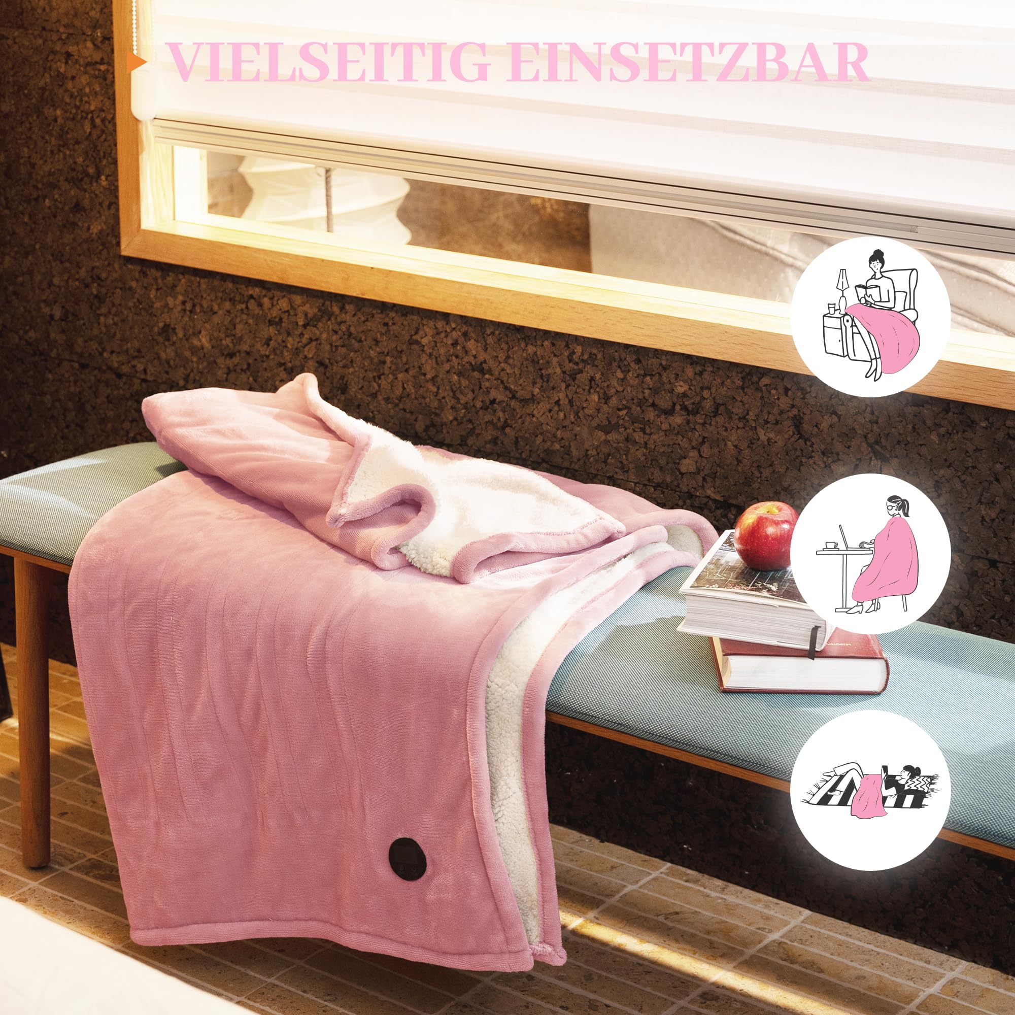 GOTCOZY Wärmedecke Heizdecke 130x180 cm – Ein Knopf Wärmedecke Elektrisch mit 10 Heizstufen & 9-Stunden-Auto-Off-Timer, Waschbare Heizdecke (Rosa)