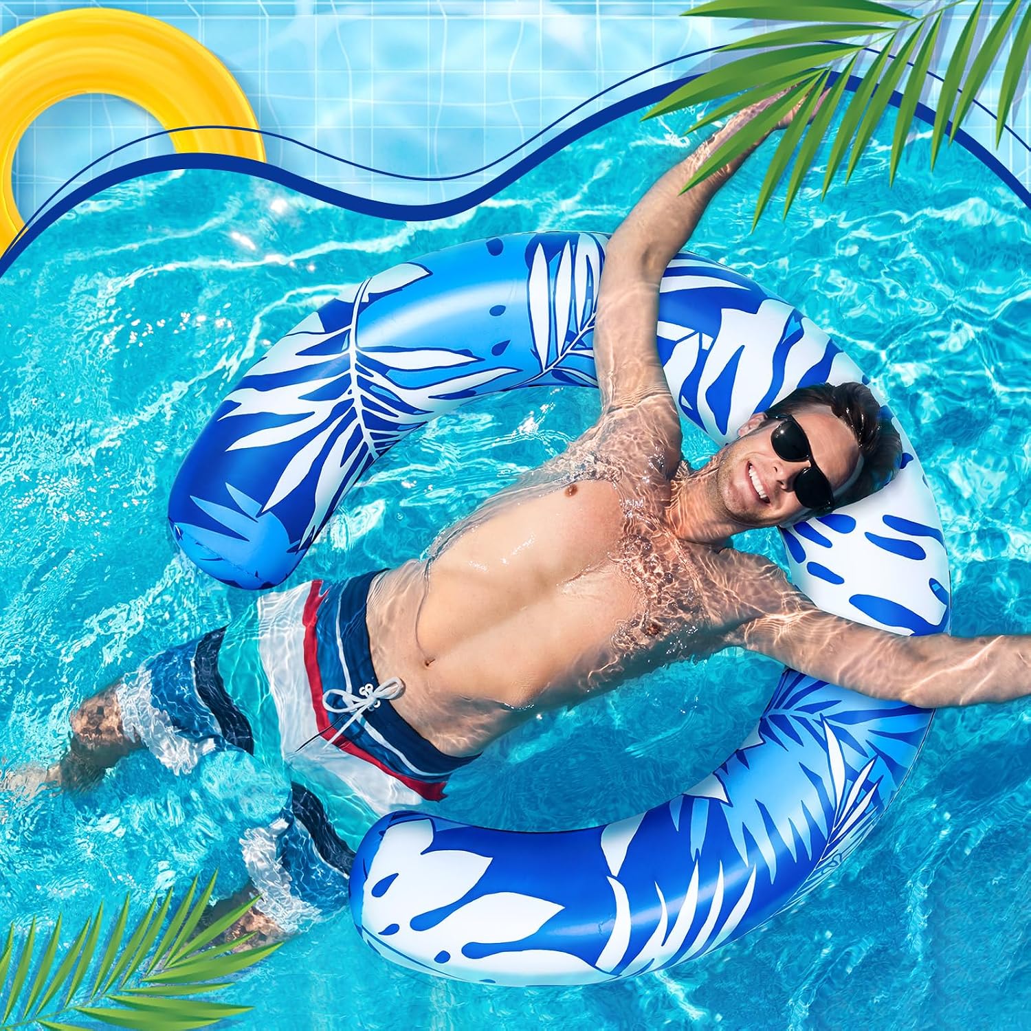 Halloscume 2 Pack Inflatable Swimming Pool Noodles Jumbo Blue Curved Swimming Float for Adult 45 x 30 Inch Hawaiian Tropical Leaves Noodle Summer Float Beach Party Vacation Pool Sea Beach Lake